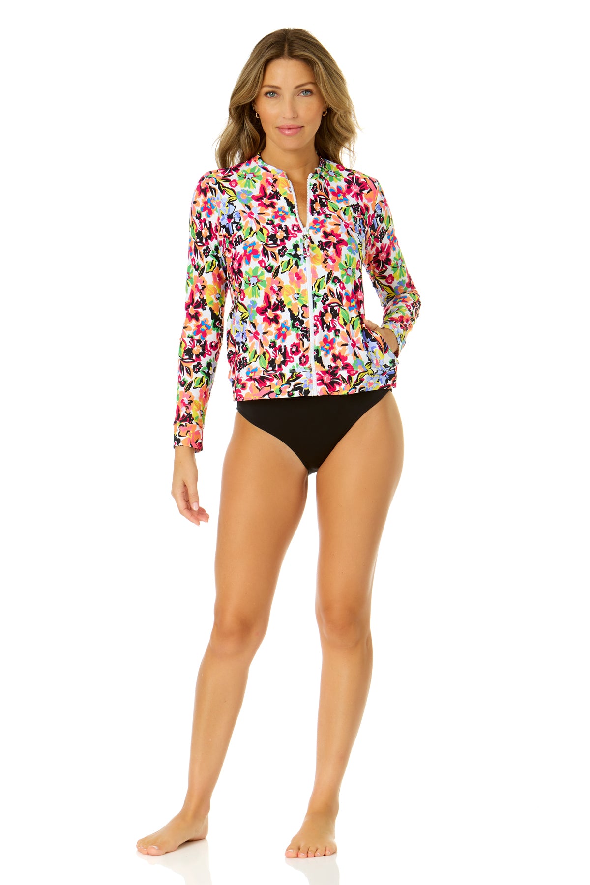 Women's Sun Blossom Long Sleeve Zip Front Rash Guard Top - UPF 50+ UV Protection Swim Shirt for Surfing, Swimming & Beach Activities