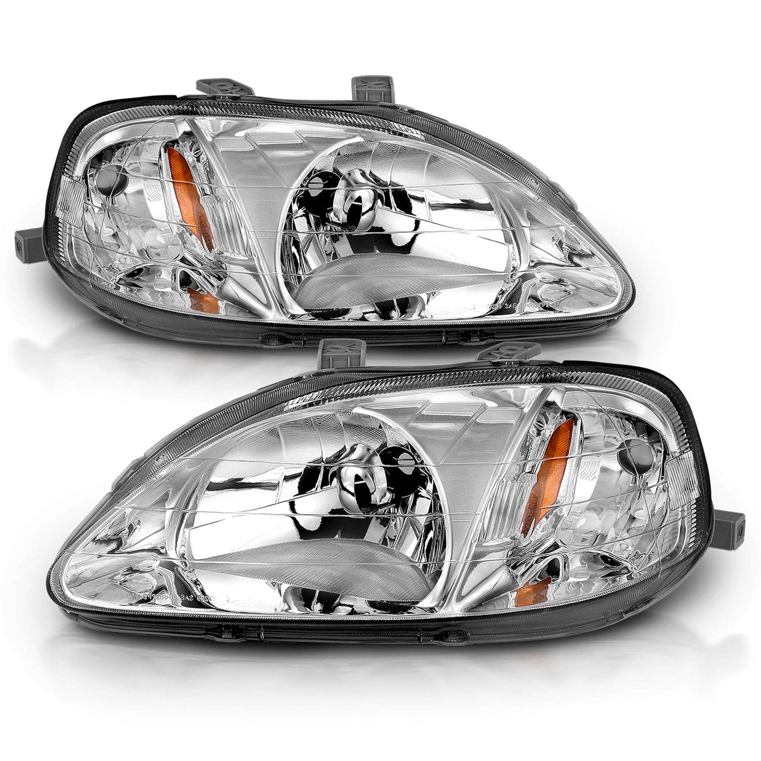 AmeriLite Chrome Replacement Headlights Set for 1999-2000 Honda Civic - Left & Right Side Headlamps - Perfect for Night Driving & Car Restoration Projects