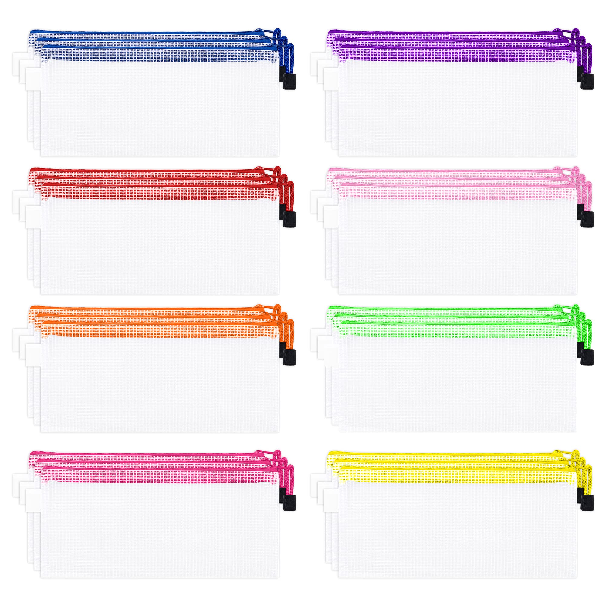 SMARTAKE 24-Pack Waterproof Mesh Zipper Pouches - Multi-Purpose Storage Bags for Office, School & Travel - Organize Documents, Bills, Pencils, Cosmetics & Tools (8 Color Zippers, White) - Perfect for Home Organization, School Supplies & Travel Accessories