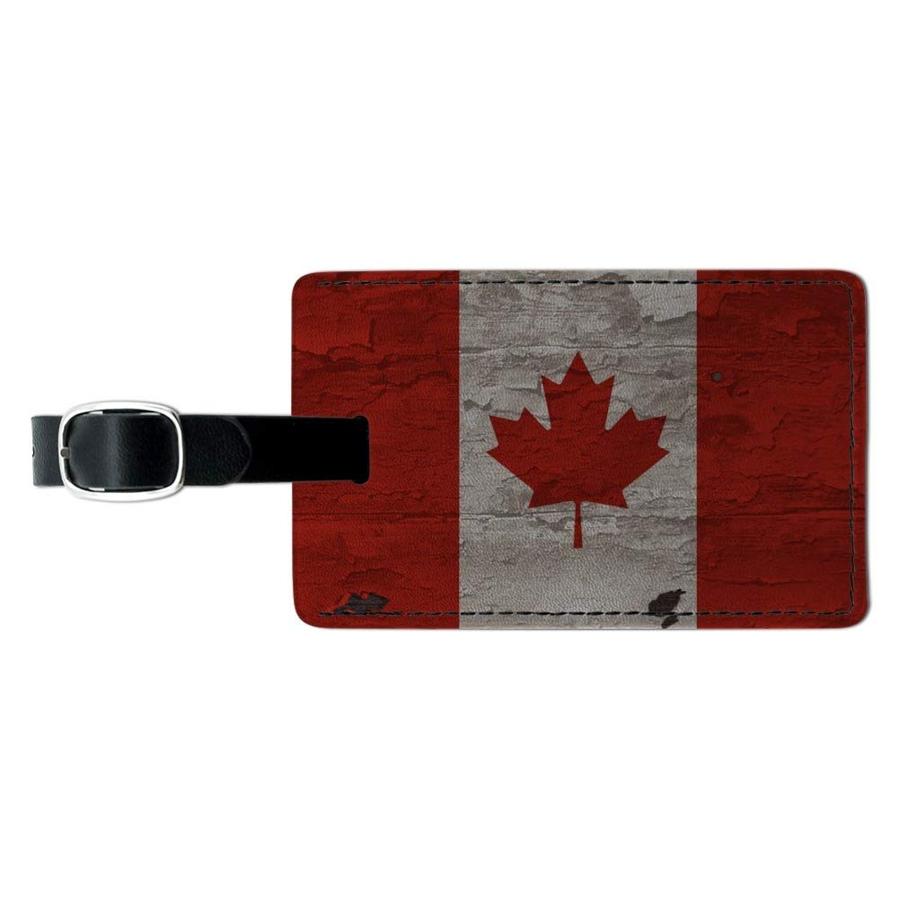 Vintage Distressed Canada Flag Wooden Rectangle Leather Luggage Tag - Personalized ID Card Holder for Travel Bags, Suitcases & Backpacks | Perfect for Travelers, Tourists & Gift Giving
