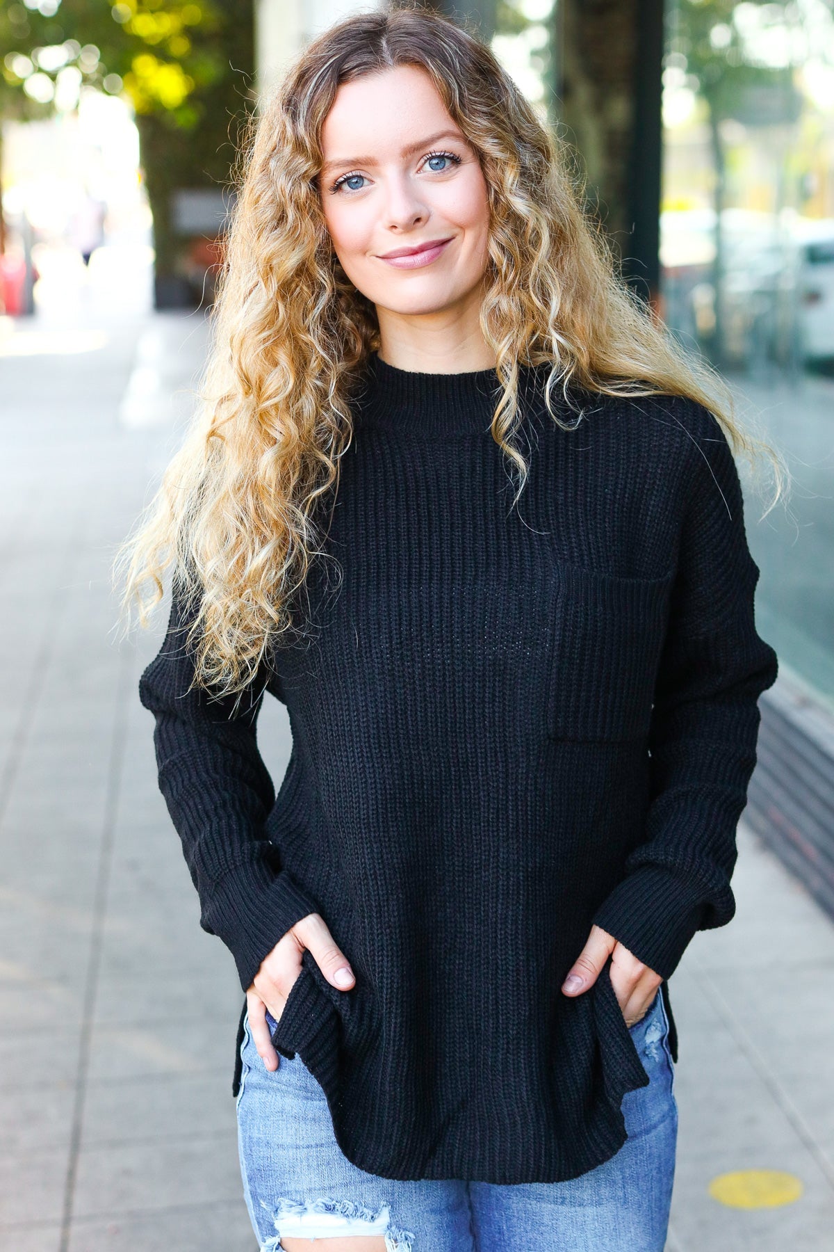 Elegant Black Mock Neck Knit Sweater with Chest Pocket - Women's Casual Winter Pullover for Office, Date Night & Holiday Outfits