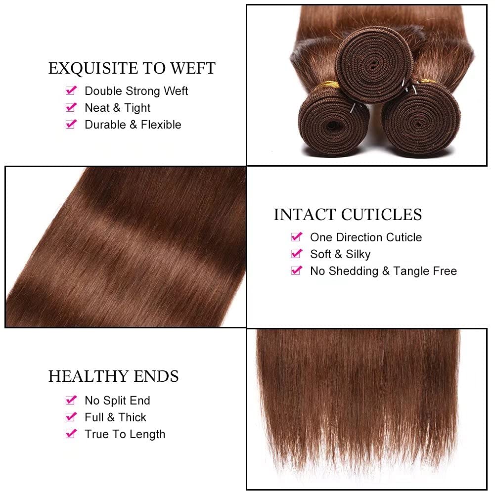 FEEL ME 100% Virgin Brazilian Human Hair Extensions - 3 Bundles Straight Weave (Color 4 Light Brown) 300g (10 12 14 Inch) | Unprocessed 8A Mink Quality | Perfect for Daily Styling, Special Occasions & Salon Use