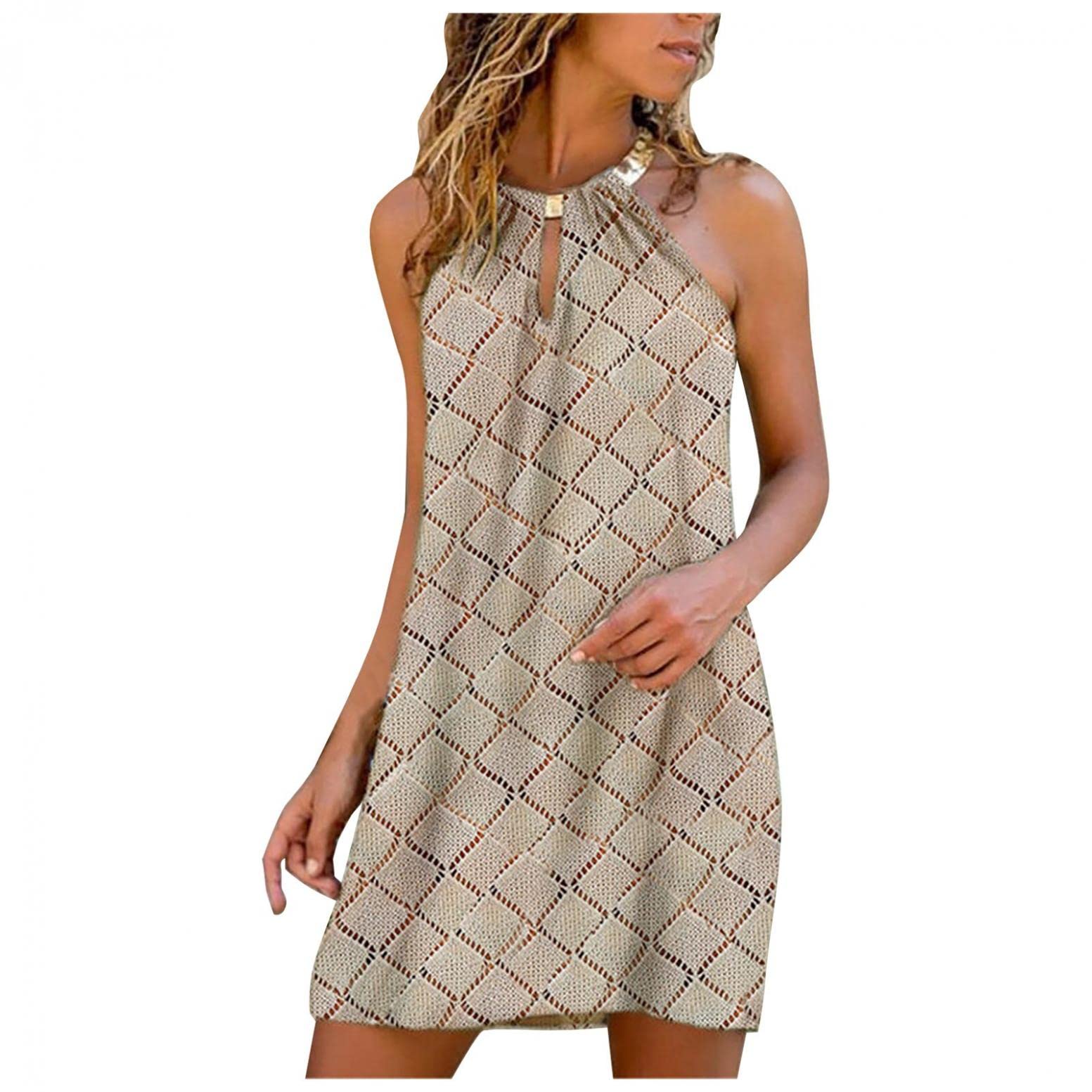 Women's Summer Dresses - Sexy Casual Halter Neck Boho Sundress | Strapless Sleeveless Party Mini & Maxi Dresses in Khaki | Perfect for Beach Vacations, Date Nights & Outdoor Events
