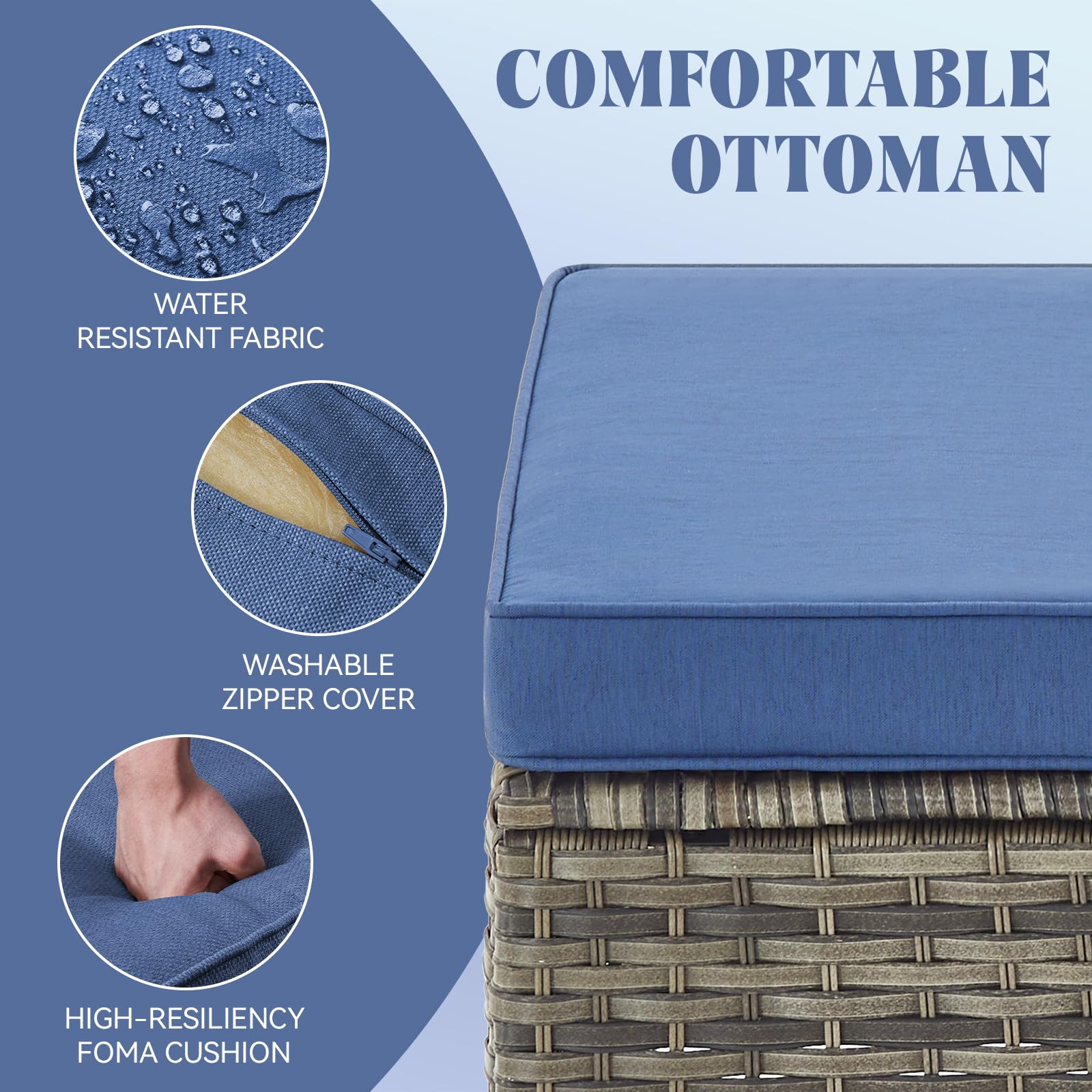 2-Piece Wicker Patio Ottoman Set with Water-Resistant Cushions - PE Rattan Footrests & Footstools for Outdoor Garden, Balcony, Sunroom & Poolside - Grey Wicker with Blue Cushions (Perfect for Relaxing, Entertaining & Adding Stylish Seating to Your Outdoor Space)