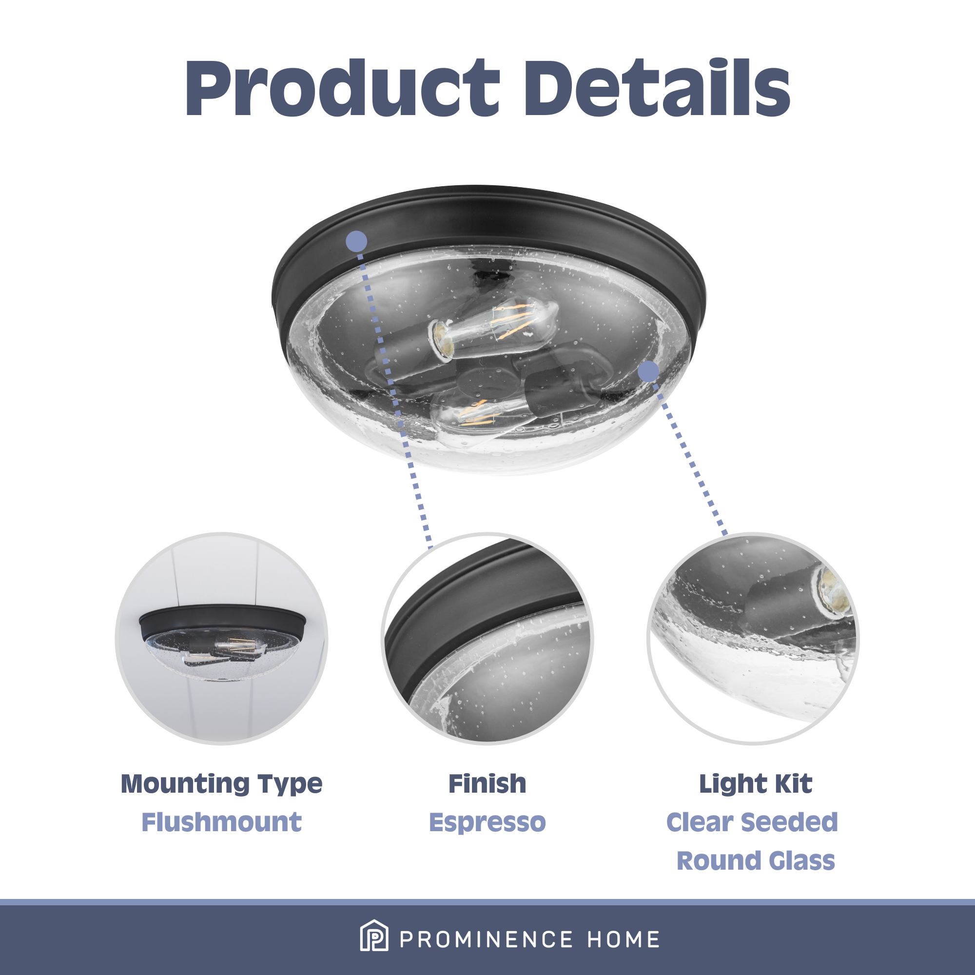 Madalyn Dome Flushmount Light Fixture - Clear Seeded Glass with Espresso Finish - Modern Ceiling Lighting for Bedroom, Kitchen & Hallway