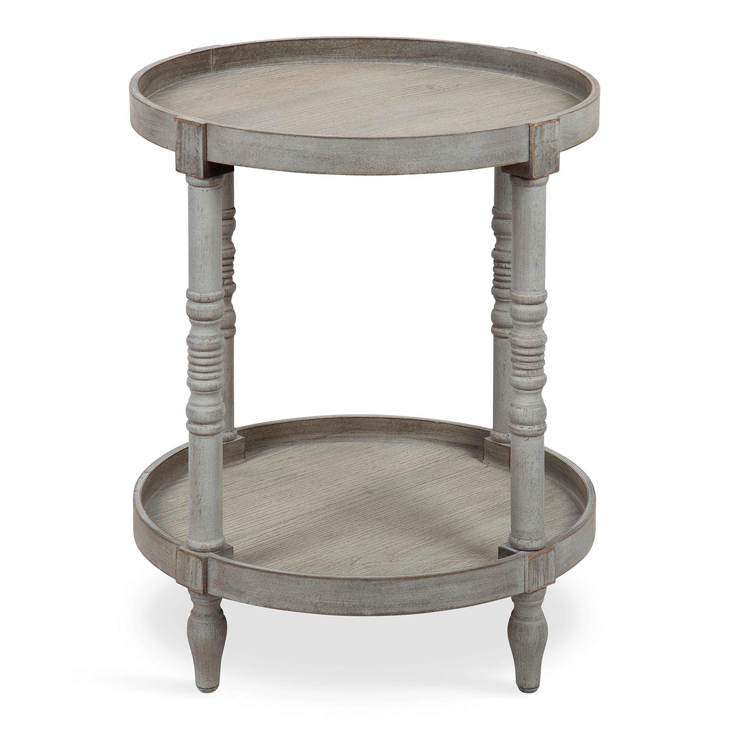 Kate & Laurel Bellport Shabby Chic Round Side Table - Distressed Gray Accent Table with Turned Legs & Lower Shelf - Perfect for Living Room, Bedroom or as Plant Stand