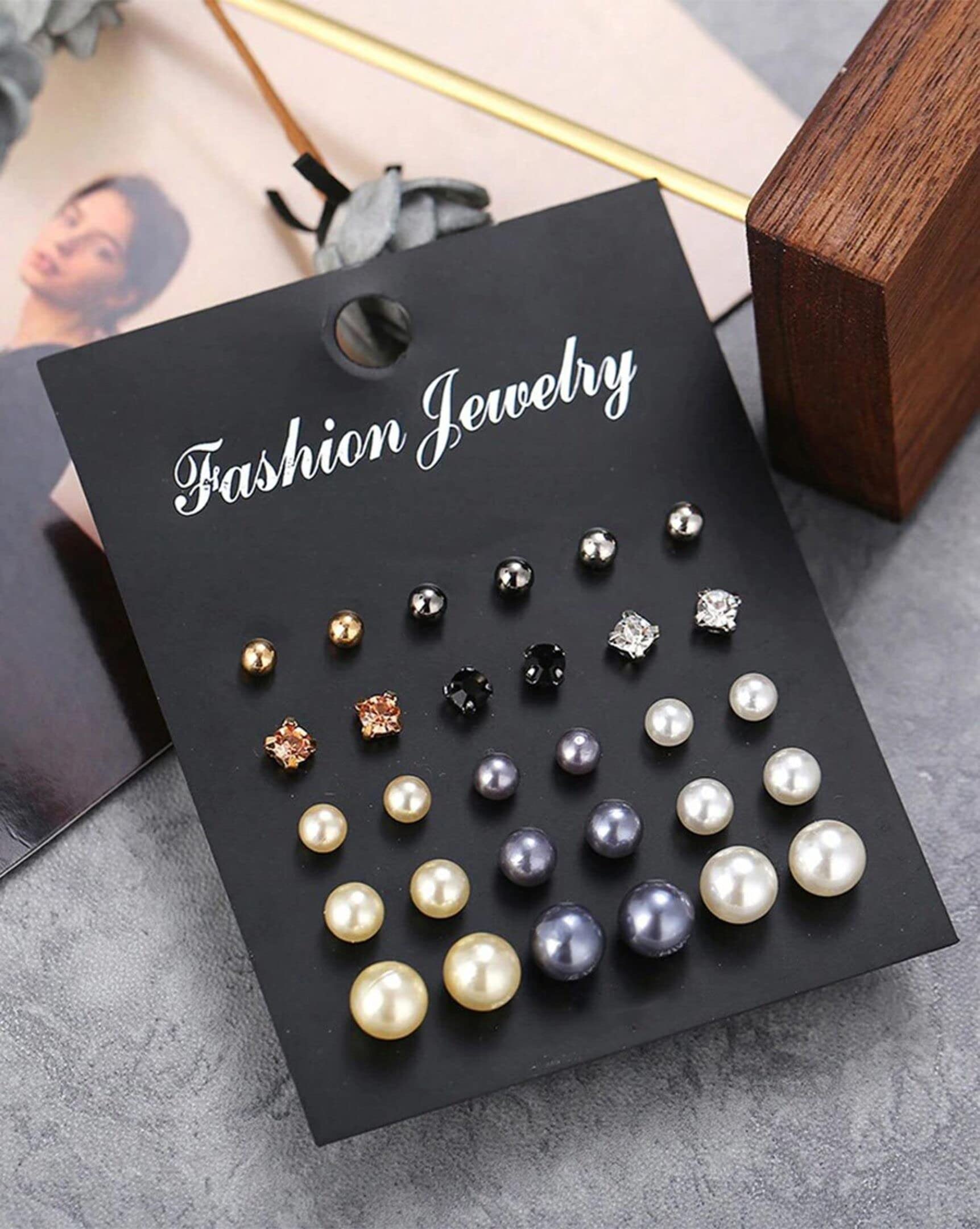 ANNACREATIONS Korean Fashion Jewelry Set - 15 Pairs Stud & Pearl Rhinestone Earrings for Women & Girls | Trendy Accessories for Party, Wedding & Daily Wear