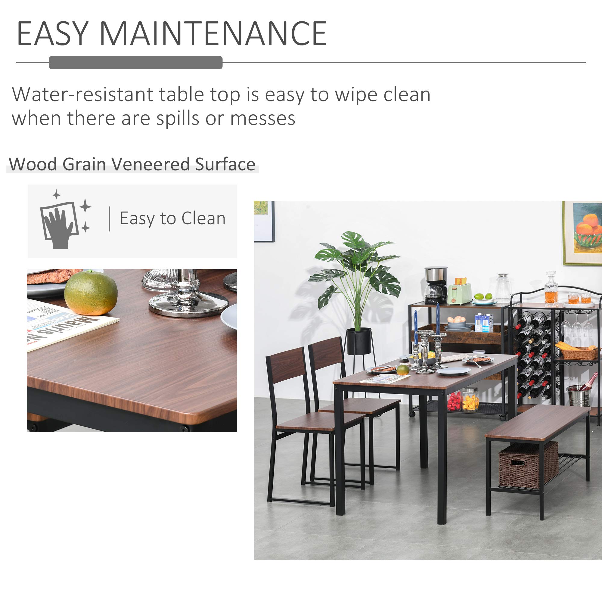 HOMCOM 4-Piece Industrial Dining Set with Bench, Wooden Kitchen Table & Chairs, Storage Rack, Black/Brown – Perfect for Kitchen, Dinette, and Small Spaces