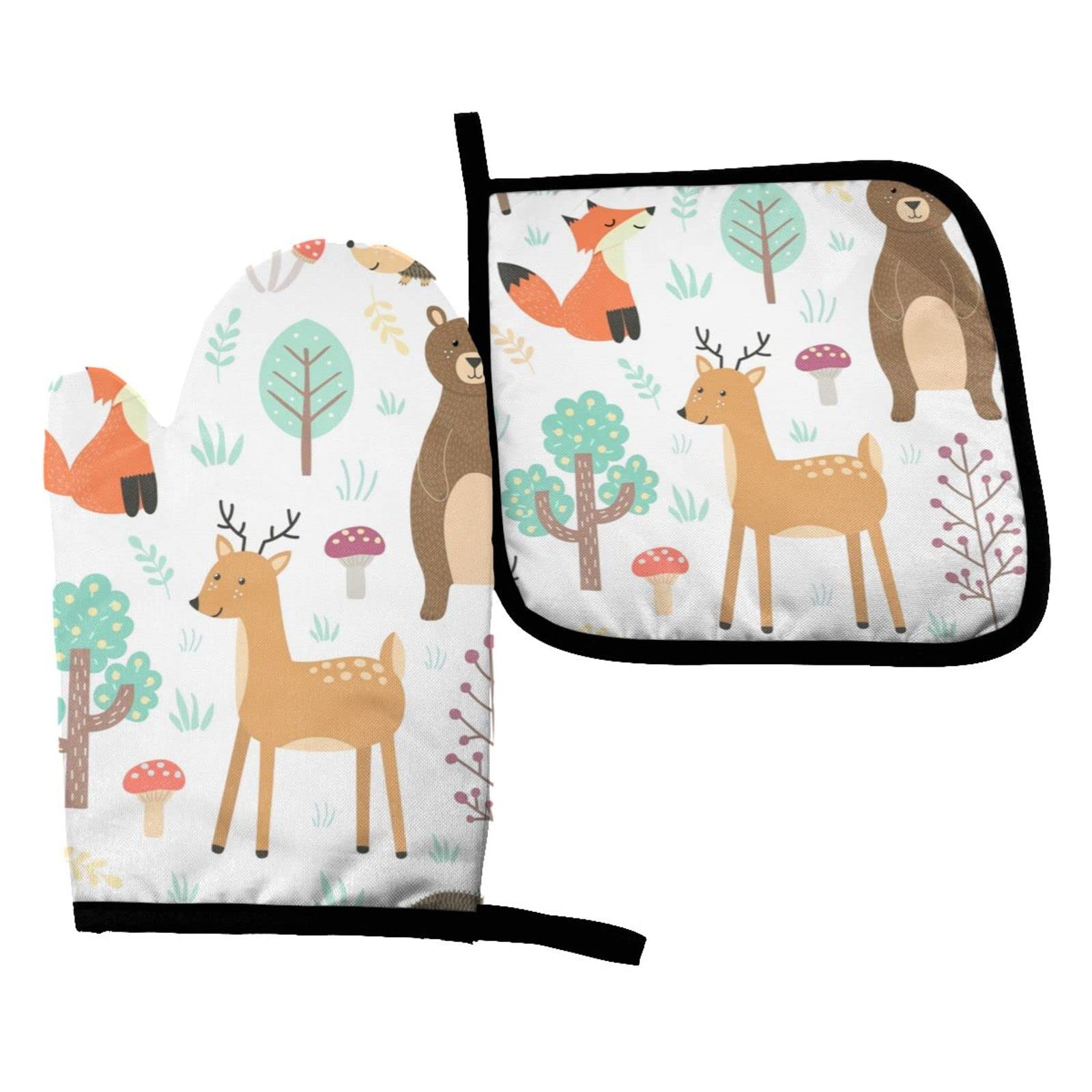 Christmas Forest Cute Animals Heat Resistant Oven Mitts and Pot Holders Set for Kitchen Baking, Grilling, BBQ, and Holiday Cooking