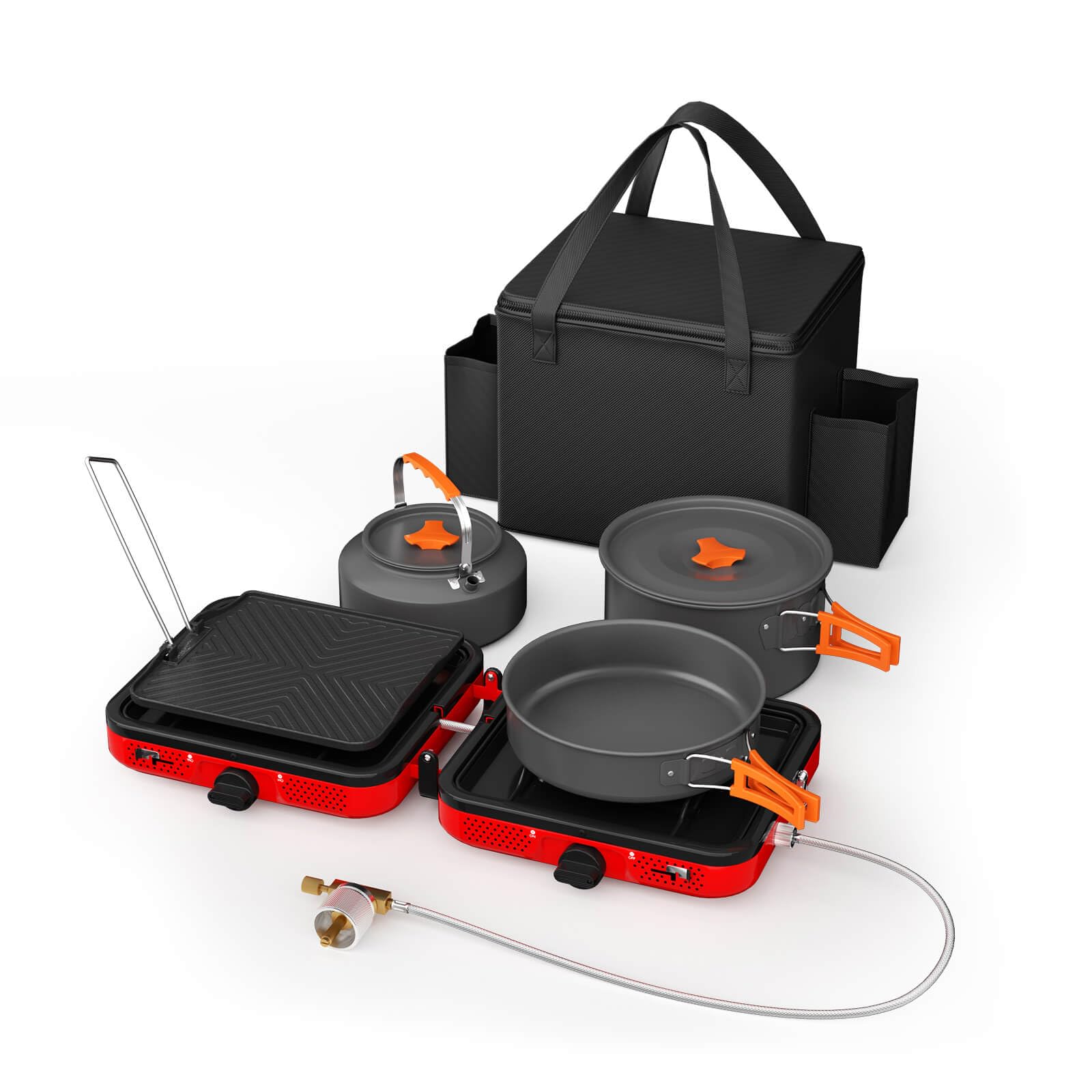 Portable 2 Burner Camping Stove Set with Cookware - 20,000 BTU High Output Outdoor Gas Stove Kit Includes Folding Stove, Frying Pan, Griddle, Kettle, Pot & Carry Bag - Compatible with Propane & Butane - Perfect for Camping, Hiking, Backpacking & Picnics