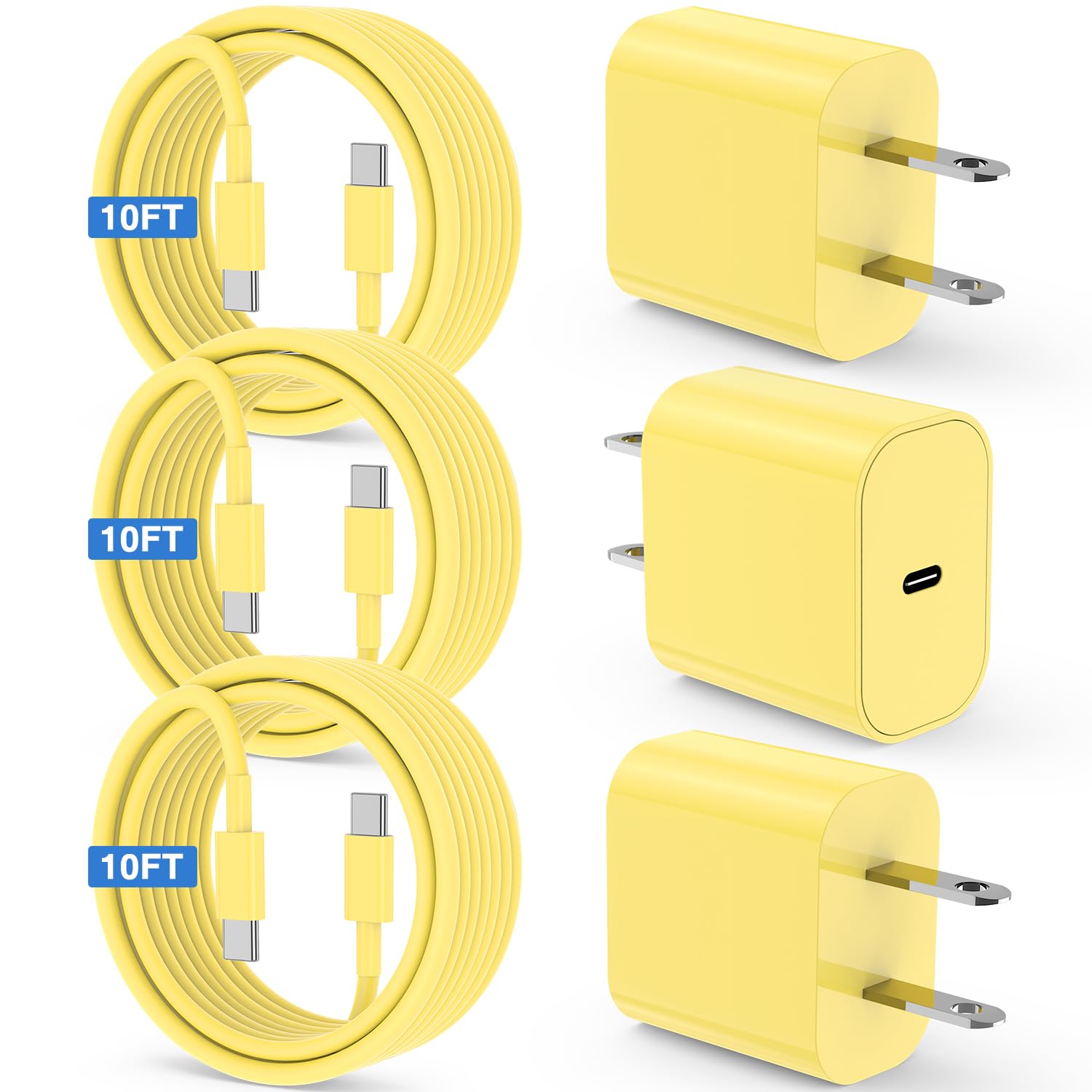 Susnwere 3-Pack 20W Fast USB C Charger with 10ft Cable - Compatible with iPhone 16/15/Pro/Pro Max, iPad Pro, AirPods & Samsung - Quick Charging Wall Adapter for Home, Office & Travel