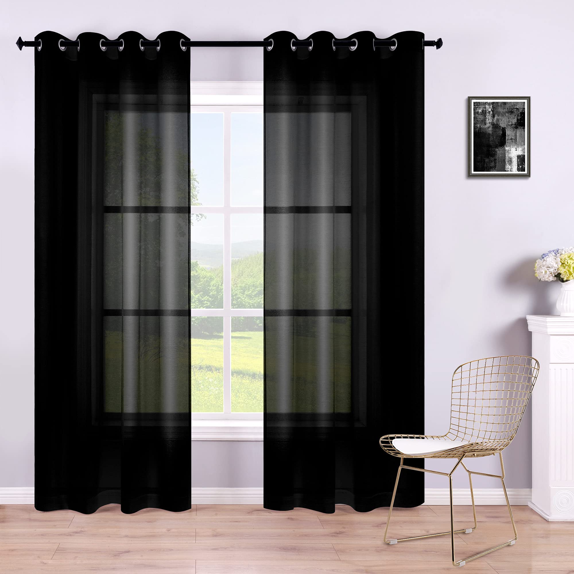 108 Inch Extra Long Black Semi Sheer Curtains - 2 Panels Set with Grommets for Living Room & Bedroom | 9 FT Floor Length Window Drapes for High Ceilings | Perfect for Home Decor, Parties & Photo Backdrops