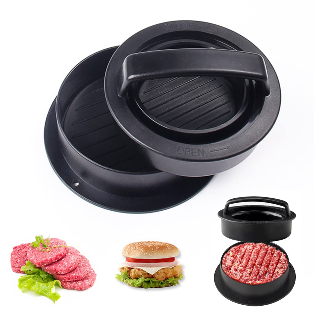 Premium ABS Hamburger Press - 3-in-1 Non-Stick Patty Maker for BBQ, Grilling & Stuffed Burgers | Durable Kitchen Tool for Perfect Homemade Burgers (Black, Size S) | Ideal for Backyard BBQs, Camping & Family Cookouts