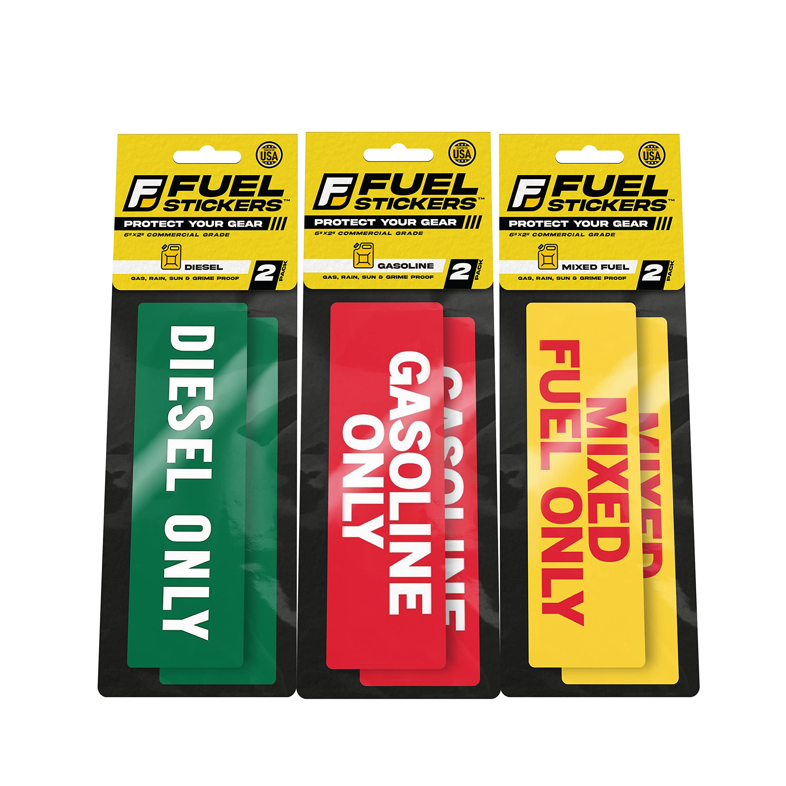 Diesel, Mixed Fuel & Gasoline Identification Stickers - 12 Labels Each (72 Total) - 6x2 Inch Weatherproof, Extreme Adhesive Fuel Can Labels for Gas Containers & Storage - Durable USA-Made Safety Signs - Perfect for Workshop, Garage, Construction Site & Emergency Preparedness Kits