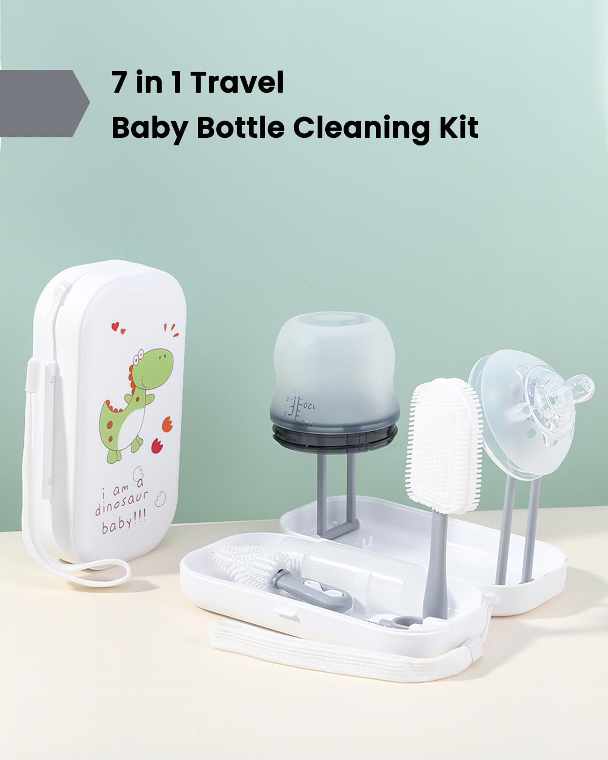 6-in-1 Travel Baby Bottle Brush Cleaning Kit with Silicone Brush, Nipple Brush, Straw Brush, Drying Rack & Organizer | Portable Bottle Cleaner for Breastfeeding Moms | Perfect for Travel, Daycare & On-the-Go Feeding Essentials