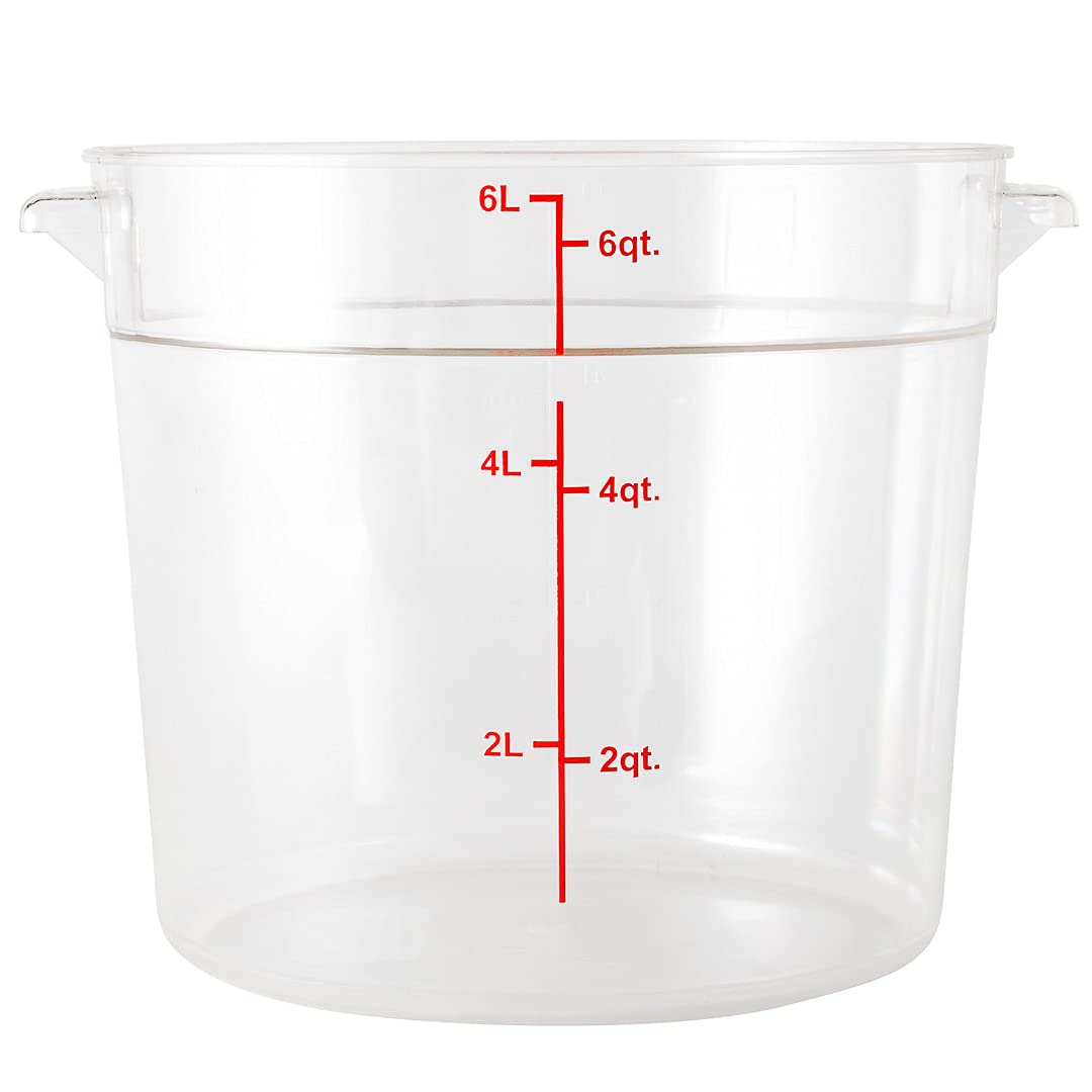 Restaurantware Met Lux 6 Quart Clear Plastic Food Storage Containers - 10 Pack Round Commercial Food Prep Buckets with Volume Markers (Lids Sold Separately) for Kitchen, Restaurant, and Catering Use - Space-Saving Storage Solution