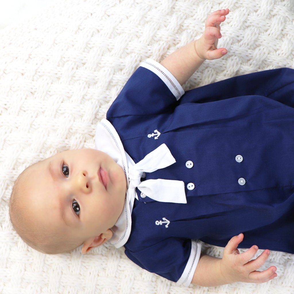 Baby Boys' Sailor Romper with Embroidered Anchors - Cute Nautical Outfit for Newborns & Infants - Perfect for Photo Shoots, Parties & Summer Outings