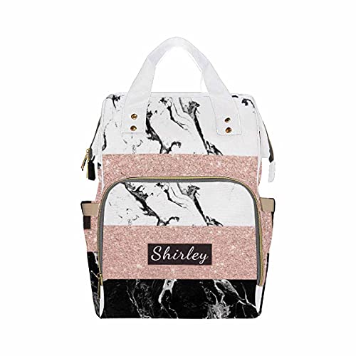 Custom White & Black Marble Personalized Text Backpack - Stylish Diaper Bag for Nursing Moms, Fashionable School & Travel Daypack, Perfect Gift for Women - Ideal for Shopping, Work Commute & Family Outings