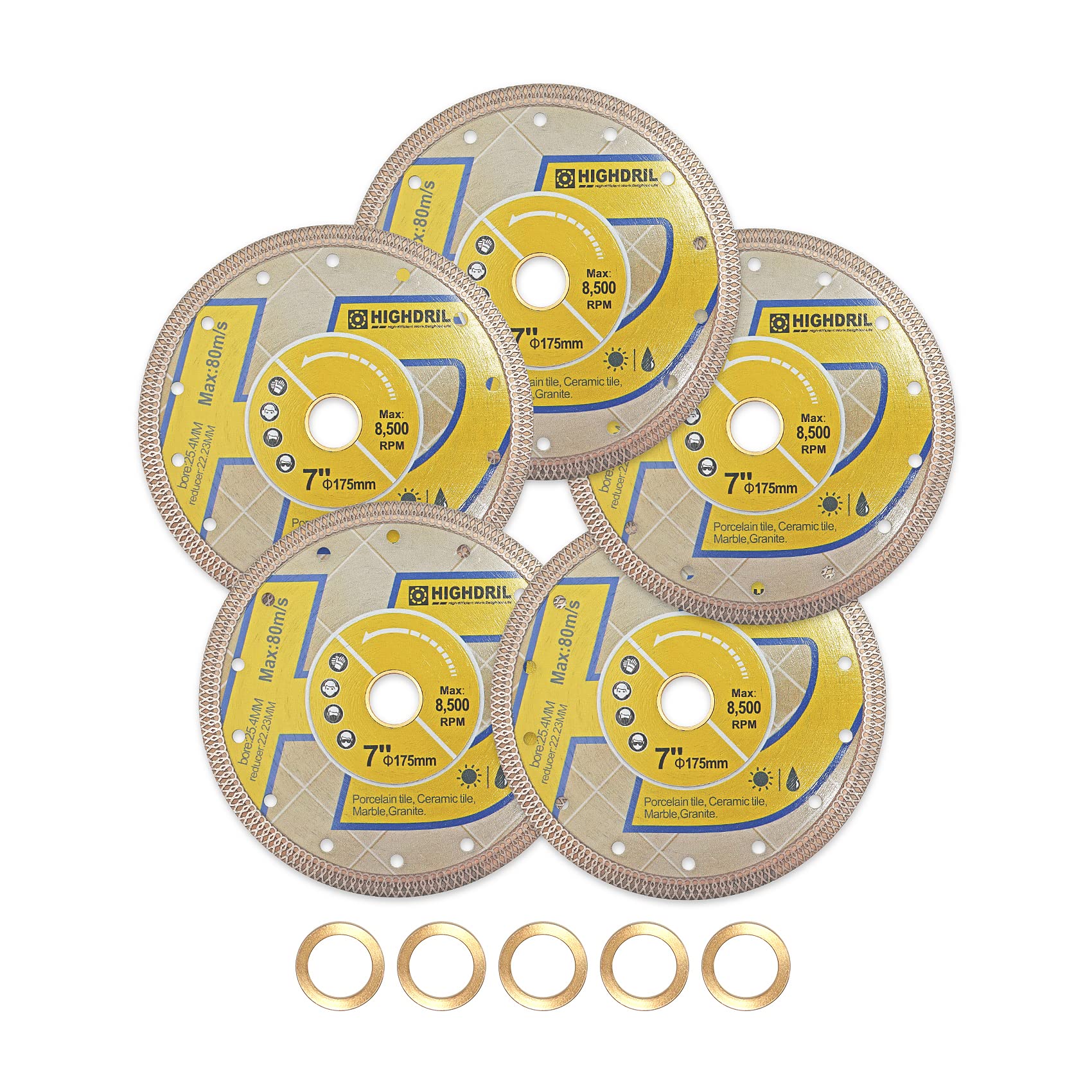 HIGHDRIL 7 Inch Diamond Saw Blade - 5 Pack Turbo X Mesh Diamond Tile Cutting Disc for Porcelain, Ceramic, Granite, Marble - Dry or Wet Use Circular Saw Blades for DIY Projects, Home Renovation & Professional Construction