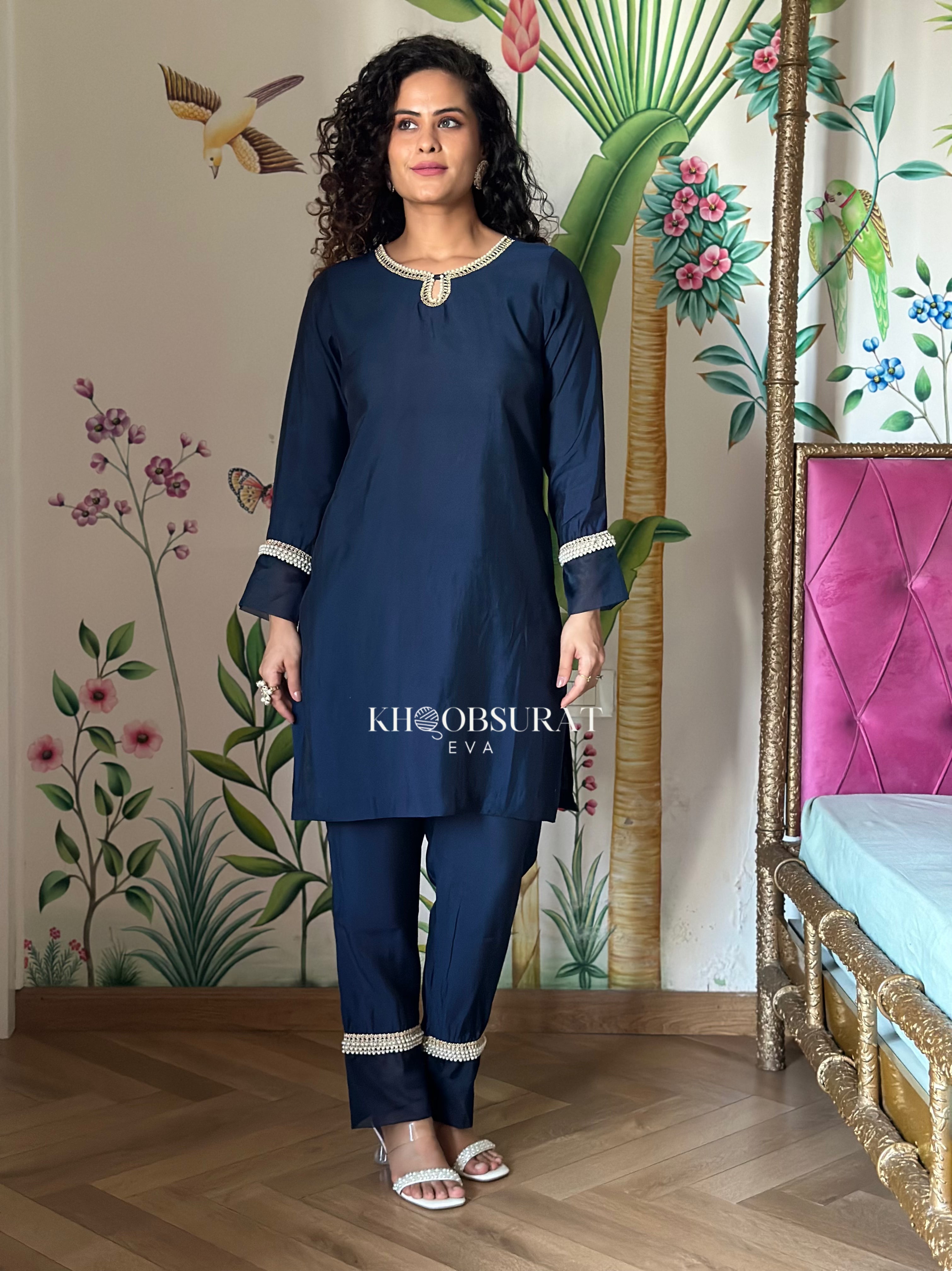 Royal Blue Pearl Embroidered Kurta Set for Women - Elegant Indian Ethnic Wear for Festivals, Weddings & Special Occasions