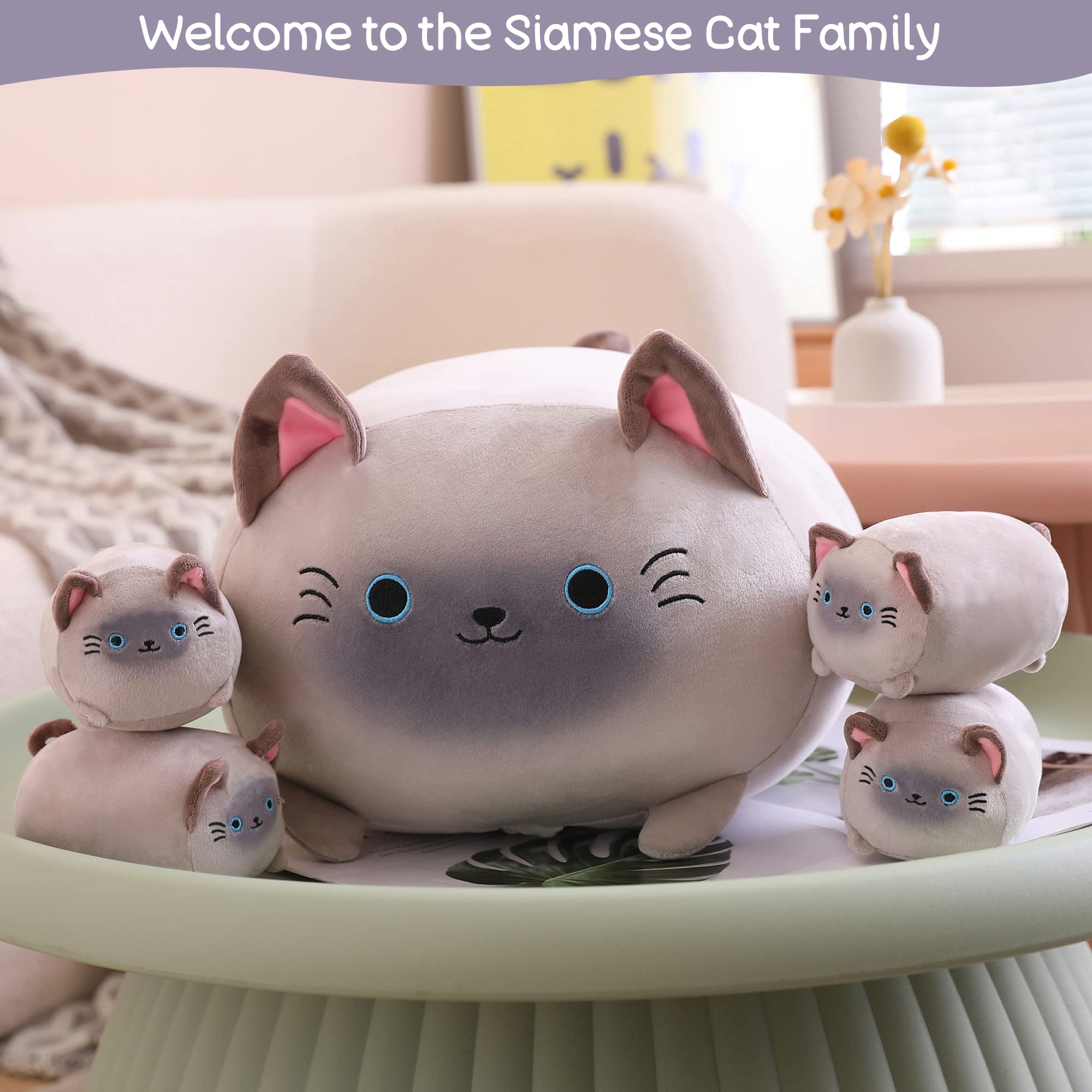 SQEQE Siamese Cat Plush Toy - Adorable Stuffed Animal Mommy with 4 Soft Kittens, Cuddly Plush Pillow Gift for Kids & Cat Lovers | Perfect for Nursery Decor, Birthday Presents & Comfort Companionship