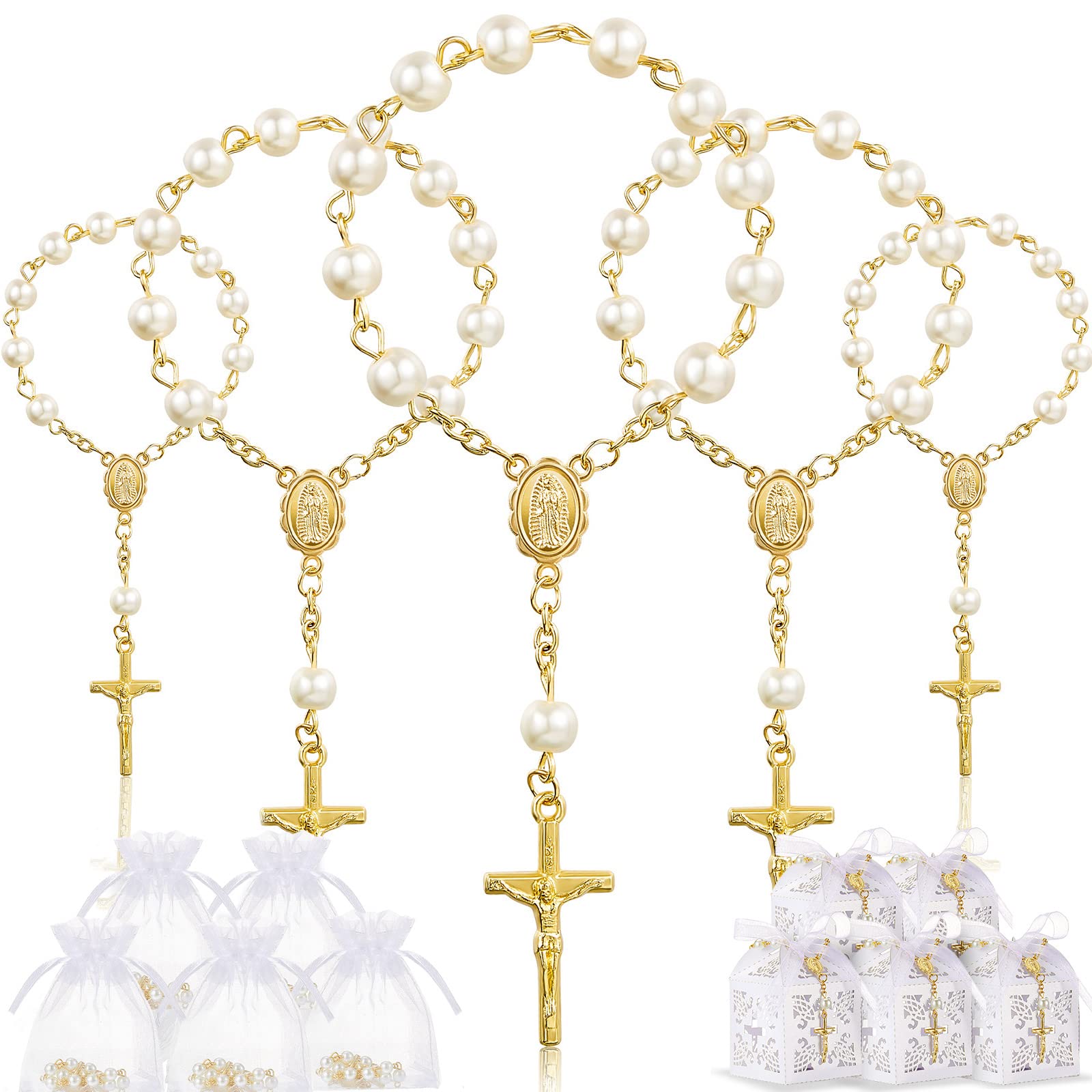 50 Pack Acrylic Rosary Beads with Faux Pearls - Baptism Favors Set with Organza Bags & Cross Favor Boxes - Perfect for Christening, Wedding Party Favors, First Communion Gifts & Religious Events (Gold Pearl Bracelet)