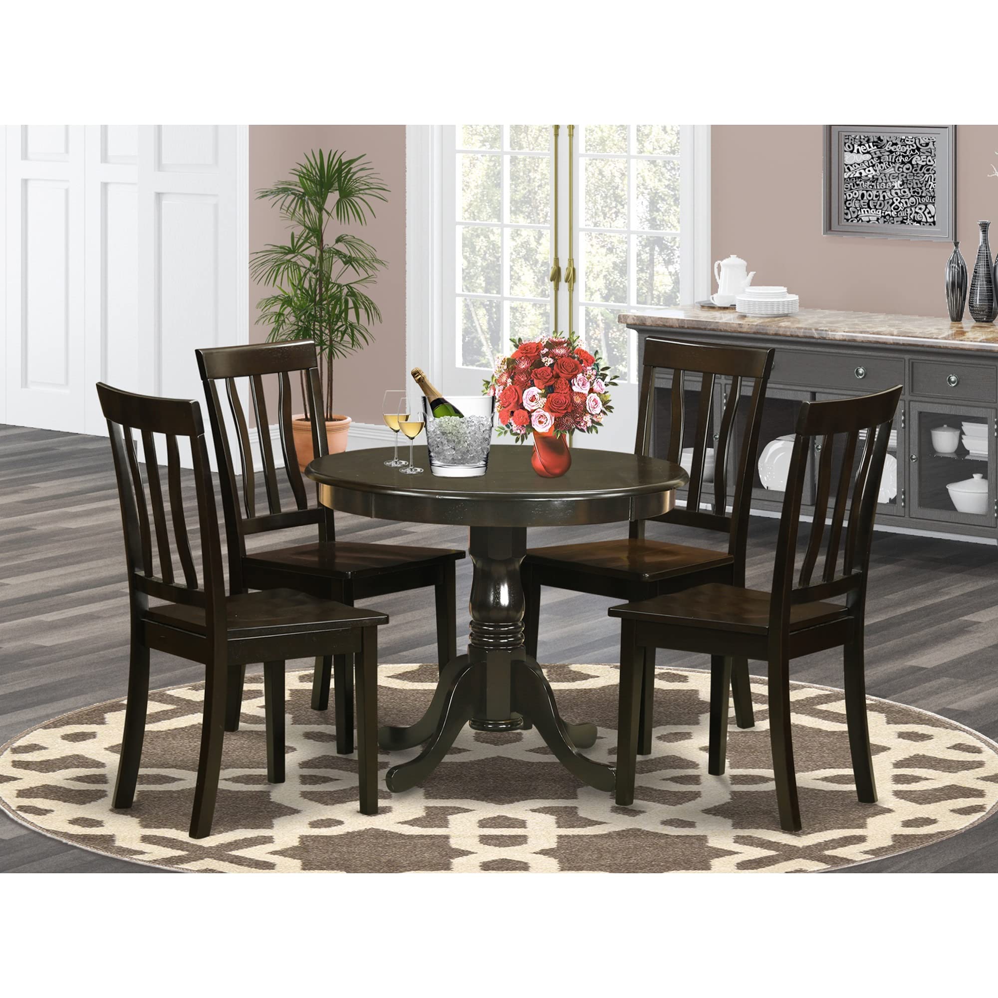 East West Furniture ANTI5-CAP-W 5-Piece Round Dining Table Set with Pedestal Base & 4 Chairs, 36x36 Inch Cappuccino - Perfect for Small Kitchens, Breakfast Nooks & Cozy Apartments