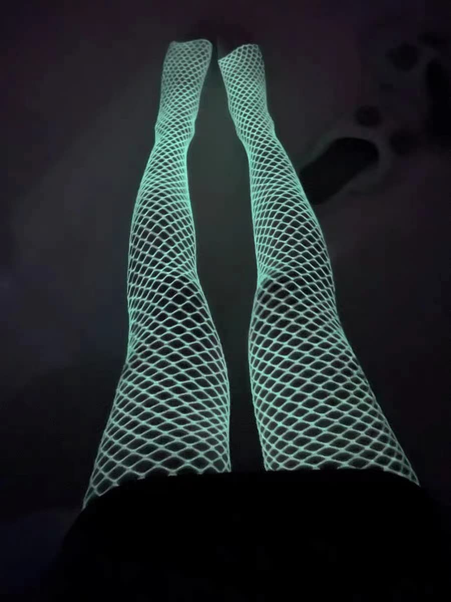Glow in the Dark Fishnet Stockings for Women - Luminous White Sexy Tights for Halloween, Cosplay & Night Parties