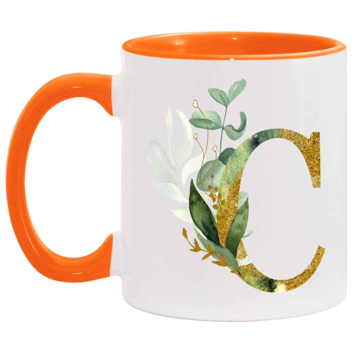 Personalized Monogram Coffee Mug - Custom Letter C Floral Design with Gold Shimmer, Perfect for Her Birthday, Christmas & Mother's Day Gifts - Ideal for Home, Office or Coffee Shop Use (Orange)