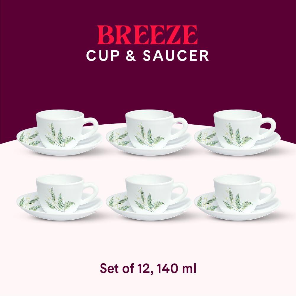 Borosil Breeze Opalware 12-Piece Tea & Coffee Cup Set with Saucers | 140ml Microwave & Dishwasher Safe Cups | Bone-Ash Free Durable Dinnerware for Home, Office & Gifting | Elegant White Crockery Set for Daily Use, Parties & Hospitality