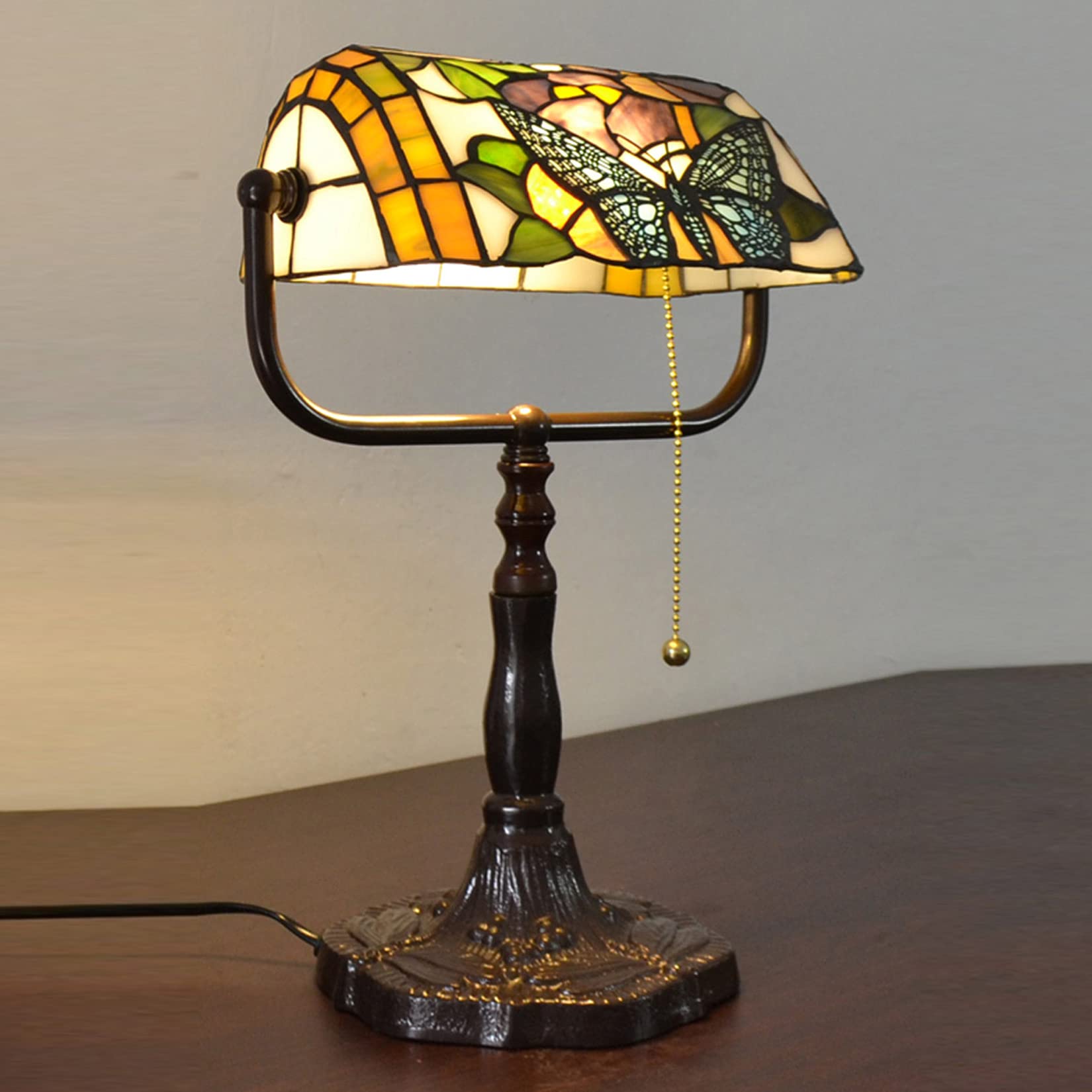 Vintage Tiffany Style Bankers Table Lamp with Stained Glass Butterfly Design - Colorful Accent Lighting for Bedroom, Bedside & Office Decor - Zipper Switch & Alloy Base - Perfect for Home, Office & Gift Giving