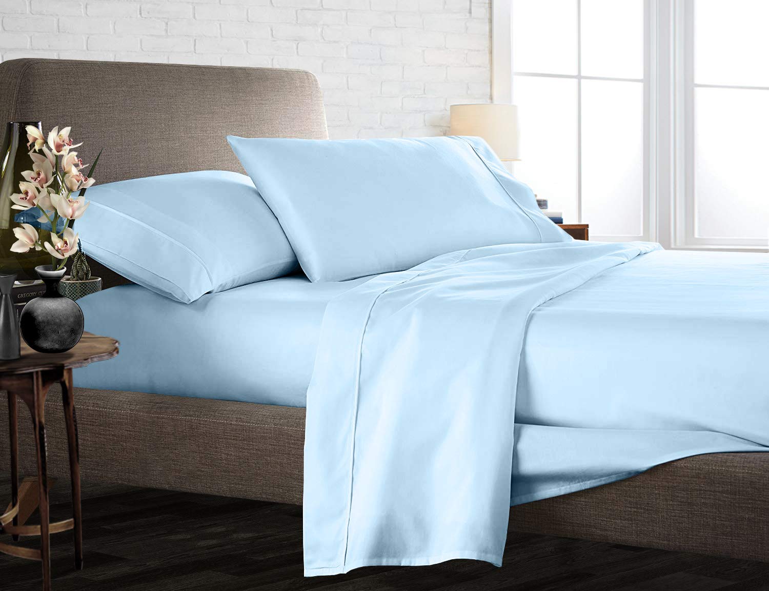 Premium 850-Thread-Count 100% Egyptian Cotton Bed Sheet Set - 4-Piece Queen Size Light Blue Solid Sheets for Deep Pocket Mattress Up to 18