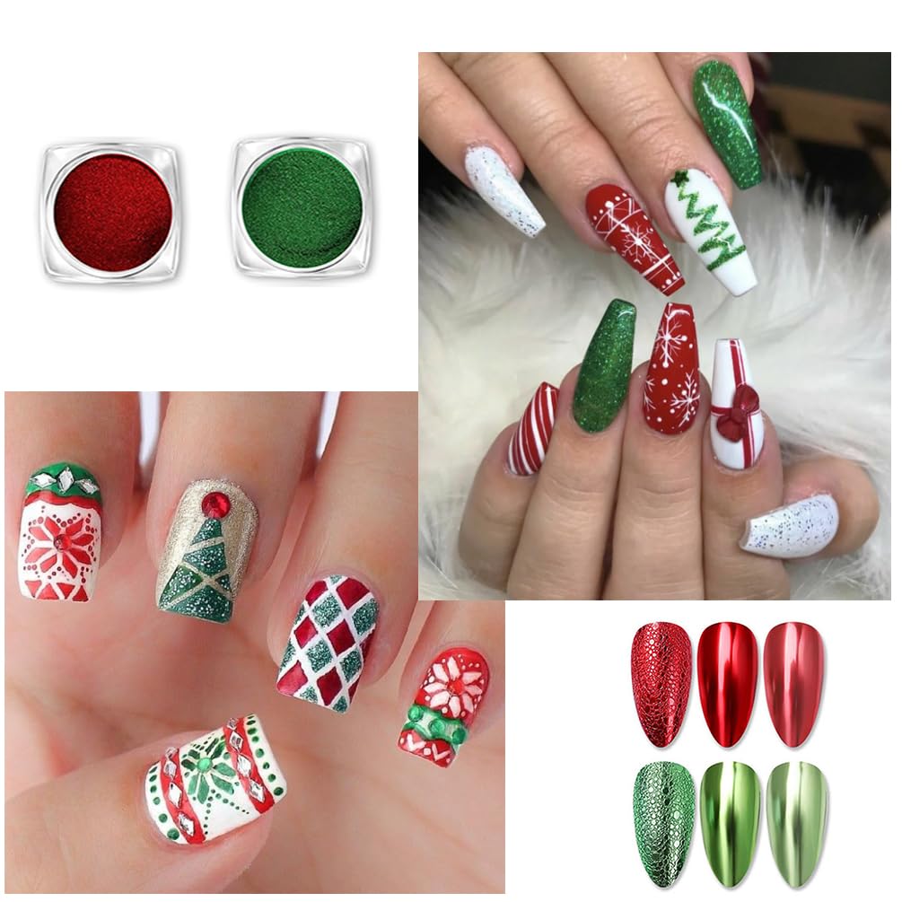 2 Boxes Christmas Red & Green Chrome Nail Powder - Mirror Effect Aurora Magic Pearlescent Glitter for DIY Nail Art | Holographic Pigment & Mermaid Pearl Dust | Perfect for Holiday Nail Designs, Party Manicures & Gift Giving