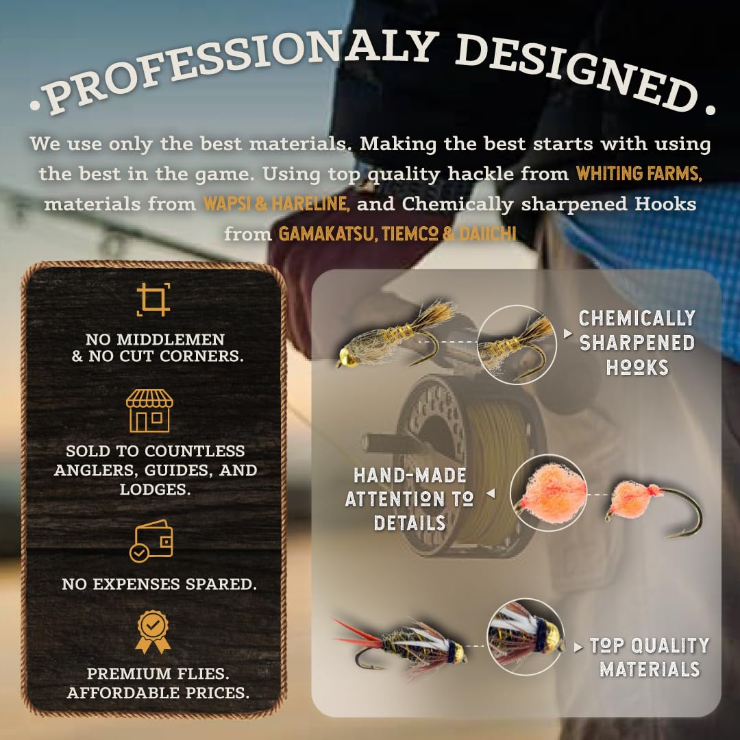 Premium Copper John Fly Fishing Flies Kit - 18 Realistic Nymph Flies with Durable Fly Box - Strong Sharp Hooks for Trout Bass Fishing - Essential Fly Fishing Accessories for Rivers Lakes and Streams