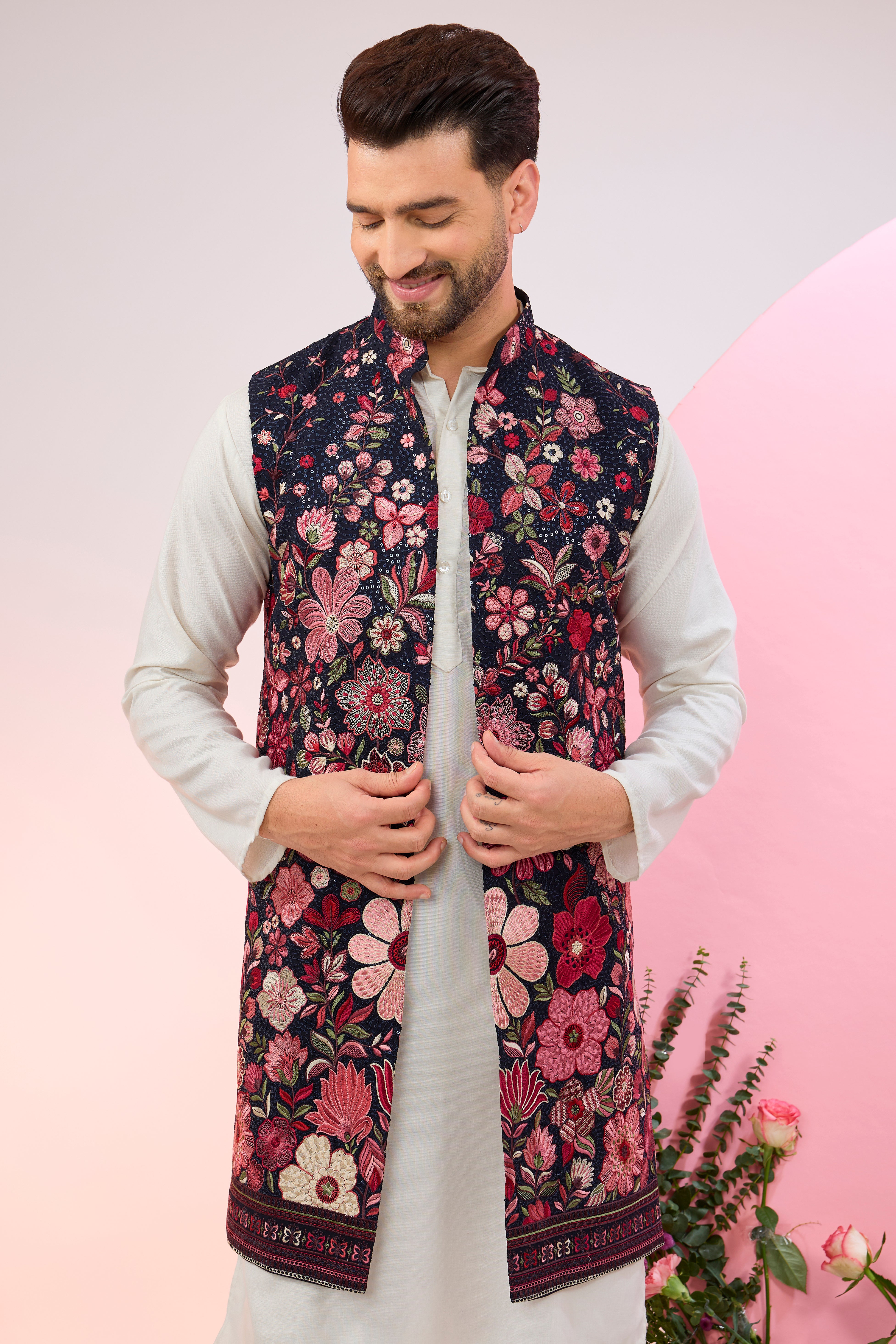Navy Blue Floral Embroidered Long Open Shrug for Women - Elegant Lace Cover-Up for Weddings, Parties & Evening Events