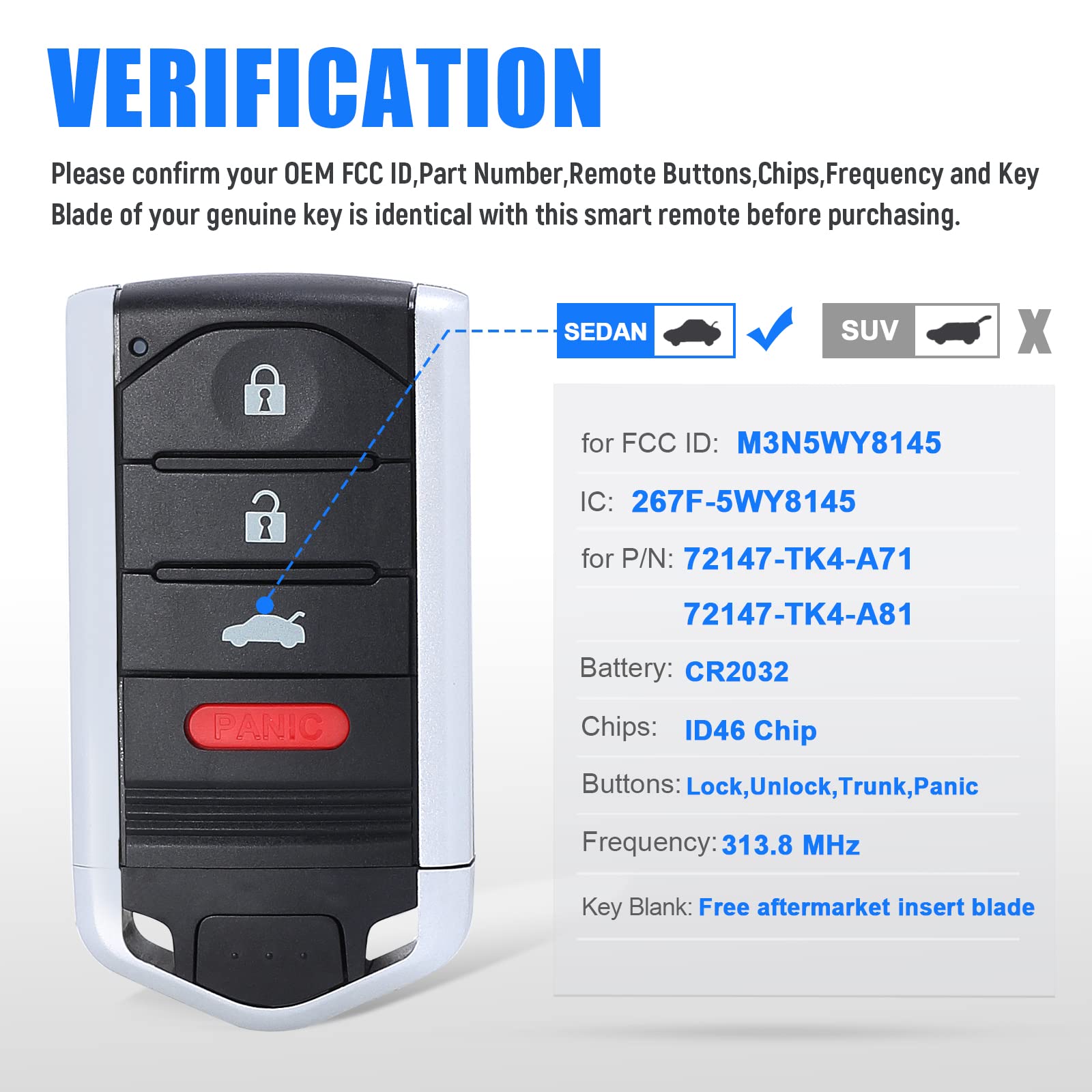Replacement Car Key Fob Keyless Entry Remote for Acura TL 2009-2014 (FCC ID: M3N5WY8145, P/N: 267F-5WY8145) - 4 Button Smart Remote Control - Perfect for Lost/Damaged Key Replacement & Vehicle Security