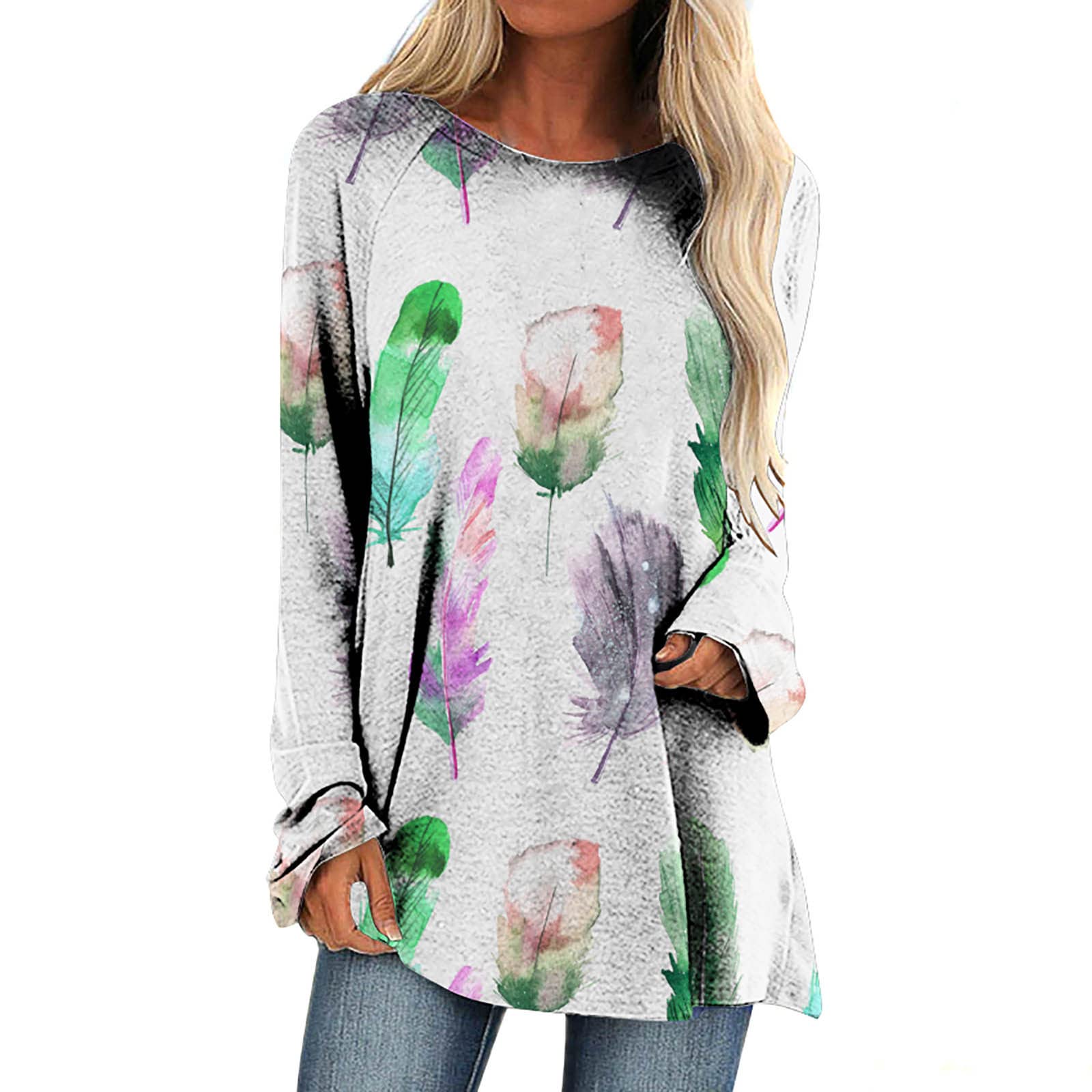 Women's Tie Dye Long Sleeve Round Neck Blouse - Casual Feather Print Pullover Top for Everyday Wear | Perfect for Yoga, Workouts & Street Style Fashion
