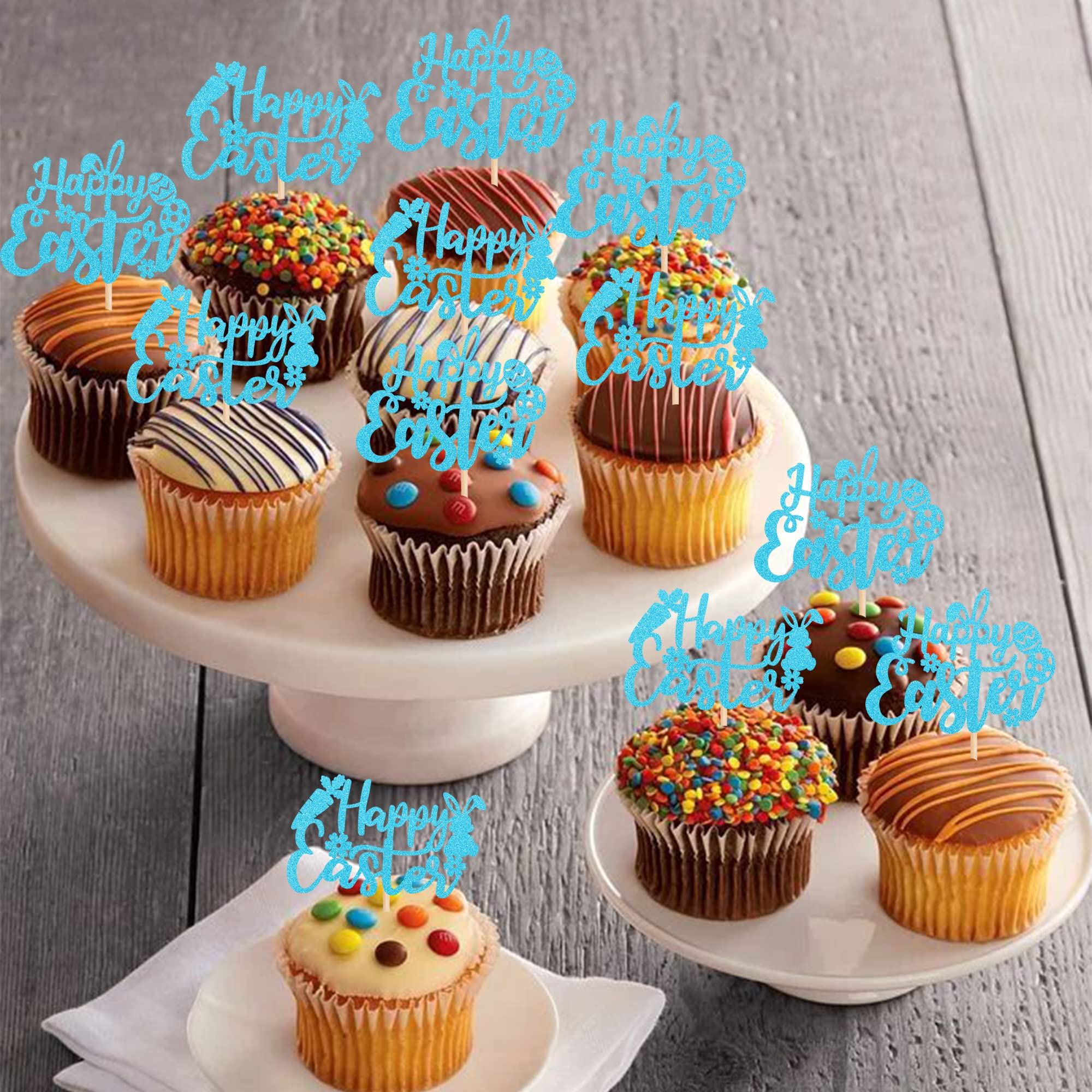 24-Piece Glitter Easter Cupcake Toppers Set - Bunny Rabbit, Carrot & Egg Decorations for Easter Parties, Baby Showers & Kids Birthday Cakes - Blue (Perfect for Easter Dessert Decor, Holiday Baking & Spring Celebration Treats)