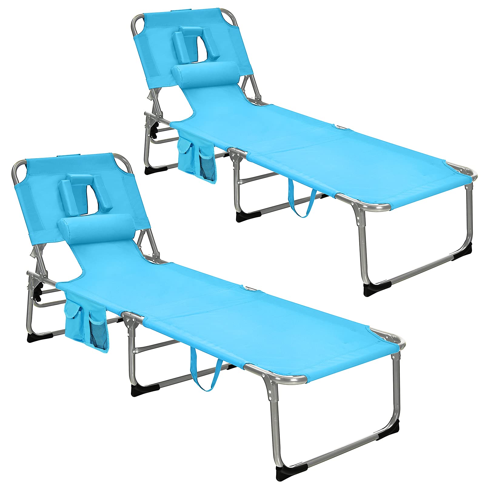 GYMAX Folding Tanning Chair with Adjustable Backrest - Portable Beach Lounger with Face Hole, Arm Holes, Side Pocket & Carry Handle - Outdoor Sunbathing Chair for Pool, Patio, Lawn, Backyard (Turquoise, 2-Pack) - Perfect for Relaxing, Sunbathing & Vacation Getaways