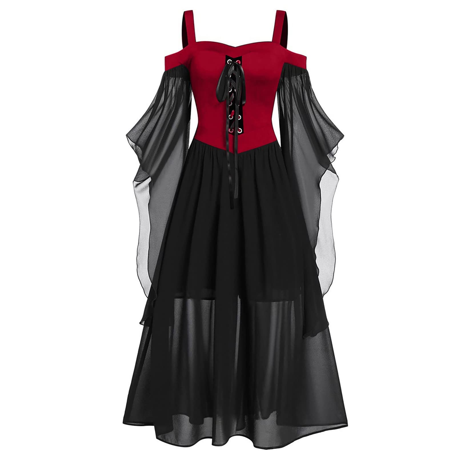 Women's Renaissance Vintage Halloween Party Dress - Plus Size Lace Up Bat Sleeve Maxi Dress | Irish Costume for Medieval Fair, Cosplay & Themed Events