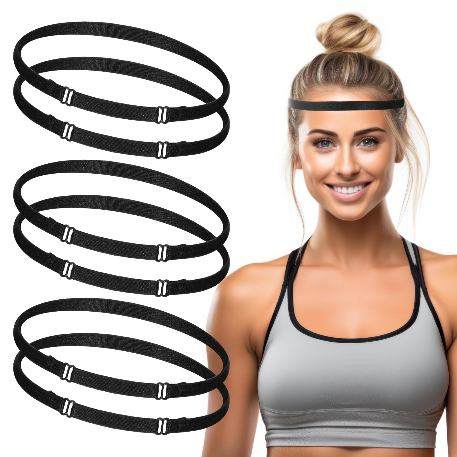 6 Pack Adjustable Elastic Sports Headbands for Women & Men - Non-Slip Thin Soccer Headbands for Running, Yoga, Workout & Exercise - Perfect Hair Accessories for Active Lifestyles (Black)