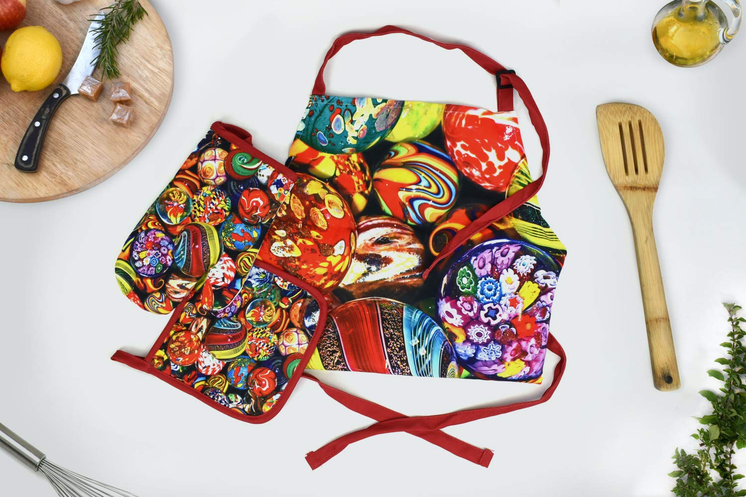 Springbok Marble Madness Adjustable Kitchen Apron Set with Oven Mitt & Pot Holder - Premium Cooking Protection for Baking, Grilling & Home Chef Use