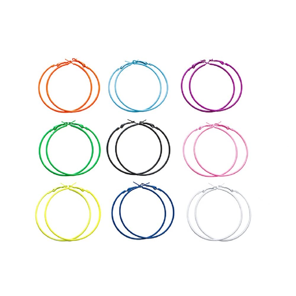 9 Pairs 80s Retro Big Hoop Earrings for Women - Neon Color Dangle Party Earrings - Vintage Style Fashion Accessories for Night Out, Club, Cosplay & Costume Parties