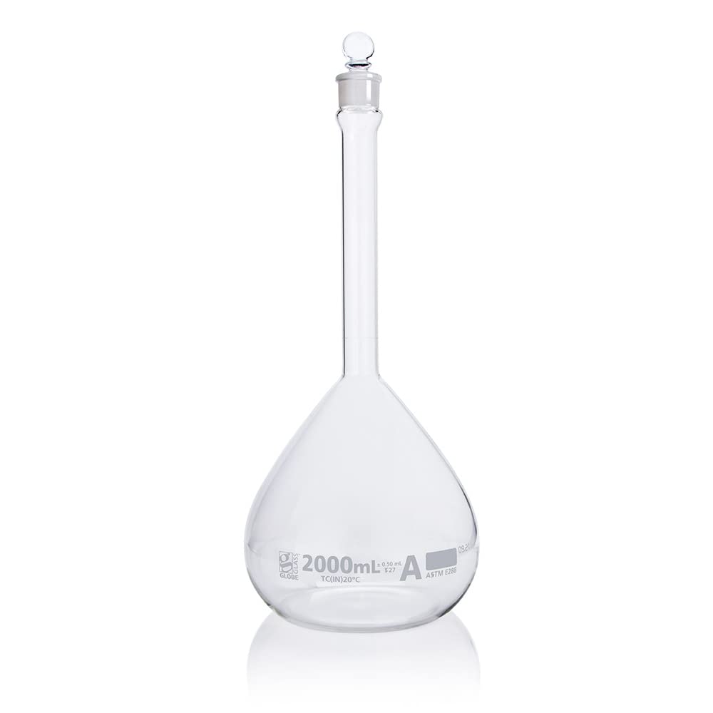2000mL Class A Volumetric Flask - Borosilicate 3.3 Glass, ASTM E288 Certified, TC (To Contain) - Perfect for Chemistry Labs, Scientific Research & Precise Liquid Measurements - 1 Flask per Box