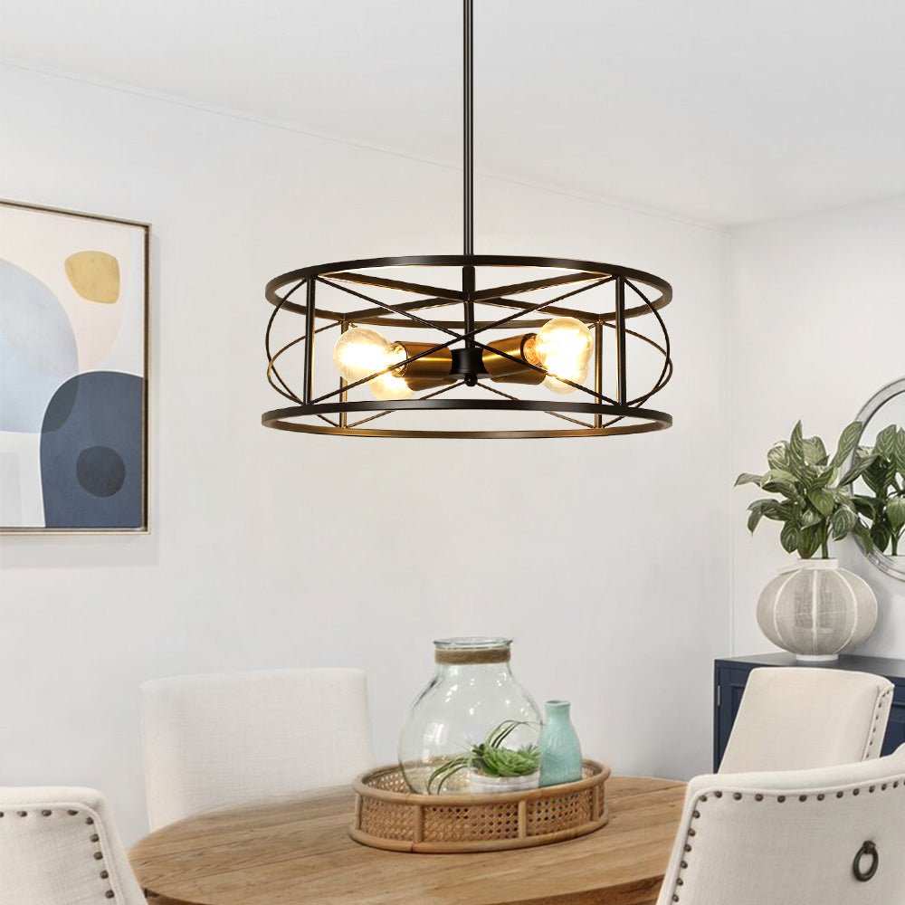 DLLT 4-Light Black Round Pendant Lighting Fixture - 18 Inch Industrial Metal Drum Cage Chandelier - Farmhouse Hanging Light for Dining Room Kitchen Living Room Bedroom Hallway - Perfect for Rustic Home Decor & Modern Interior Design