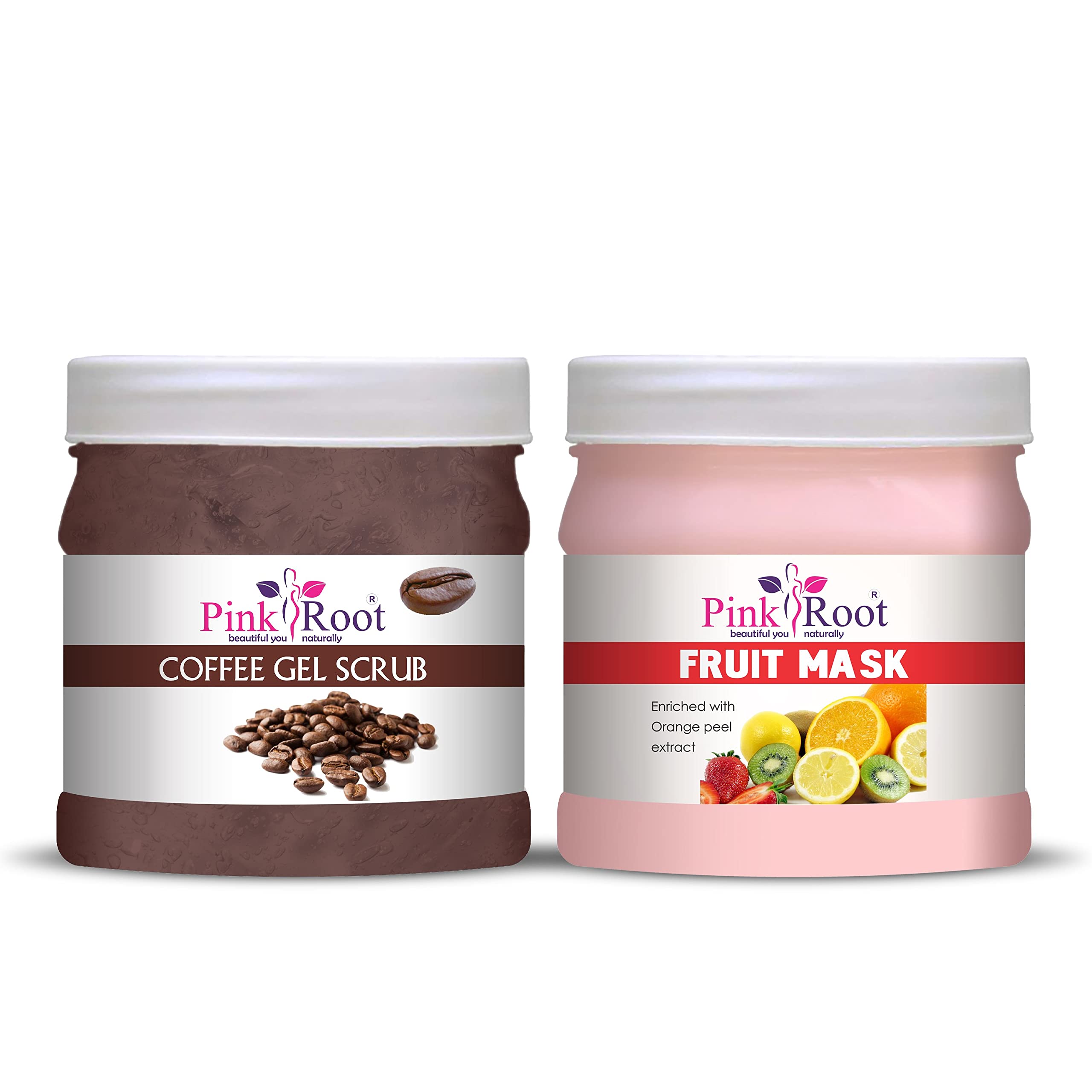 Pink Root Coffee Gel Scrub & Fruit Mask Set - 500gm Each - Exfoliating & Brightening Skincare for Face & Body - Perfect for Spa Day & At-Home Self Care Routine