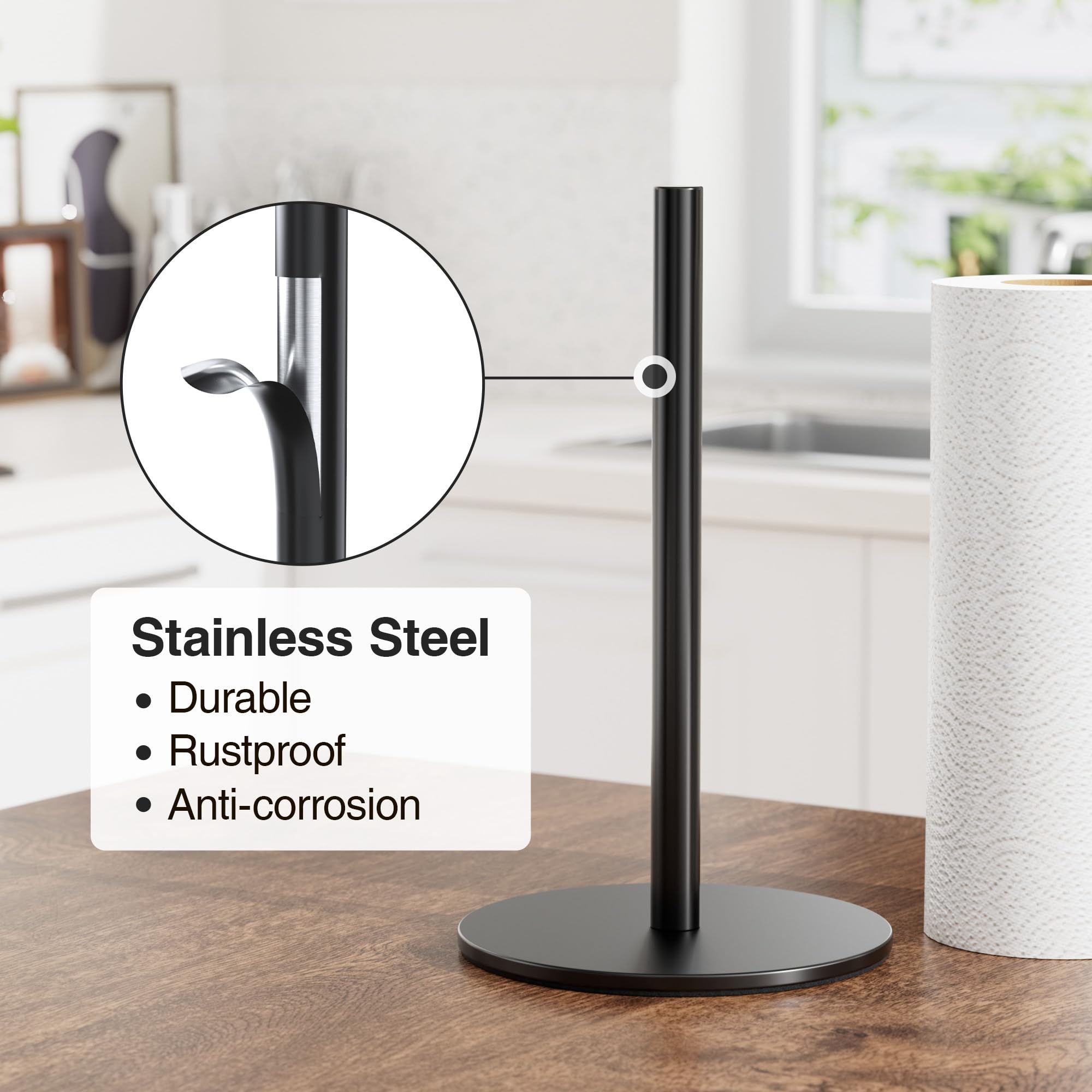 Stainless Steel Free-Standing Paper Towel Holder for Kitchen Countertop - Classic Black Kitchen Roll Organizer & Dispenser | Perfect for Home, Office, Restaurant Use