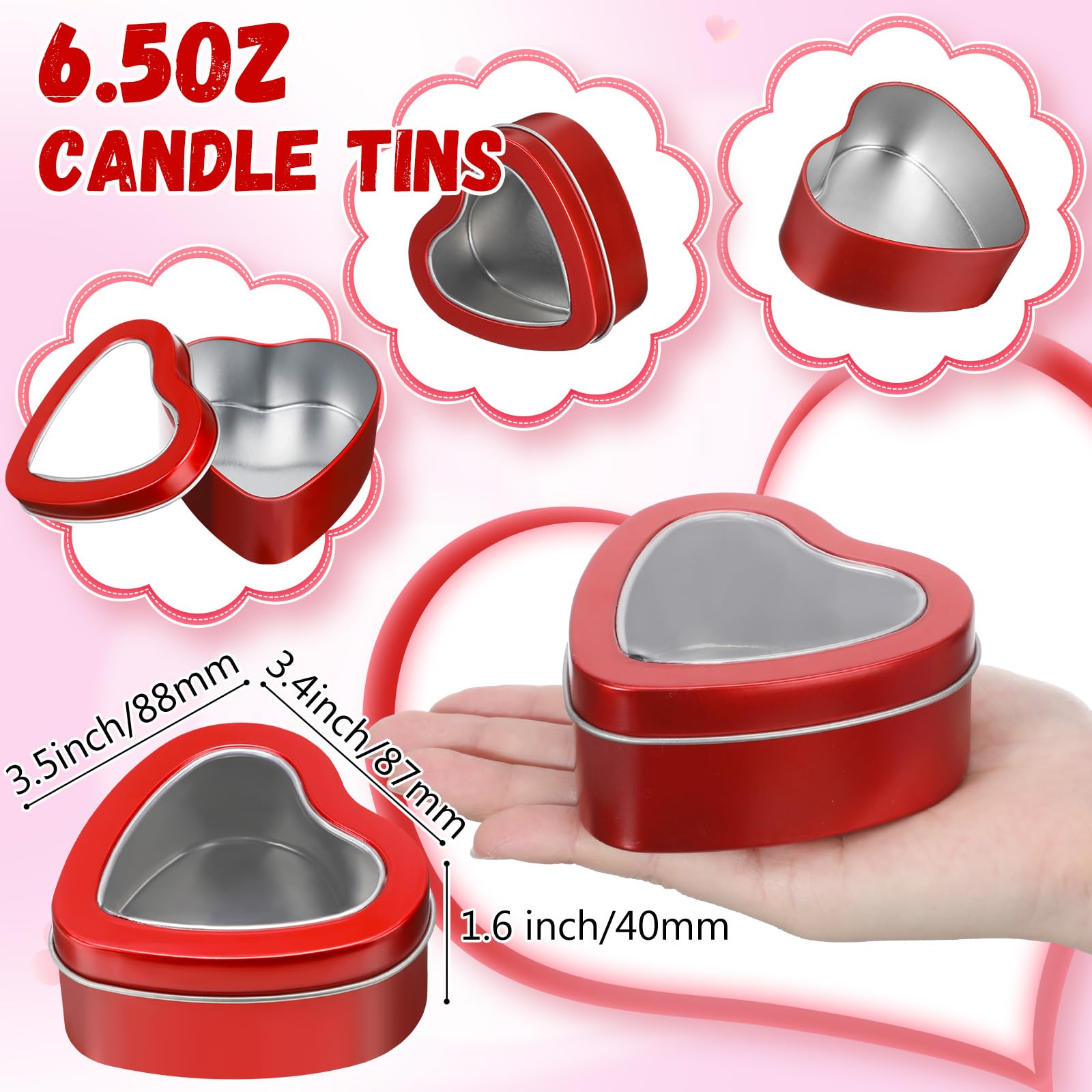 24 Pcs 6.5 oz Heart Shaped Metal Tins with Clear Window Lids - Valentine's Day Empty Candle Containers, DIY Candle Making Kits, Candy Storage Boxes, Gift Packaging for Jewelry & Small Treasures (Red) - Perfect for Romantic Gifts, Wedding Favors, Holiday Crafts & Home Decor