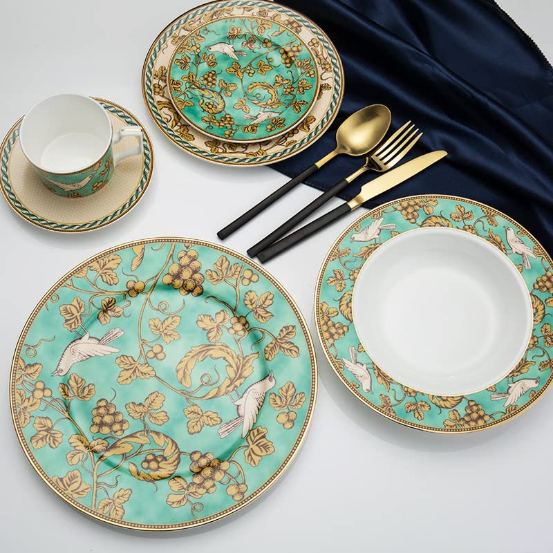 Premium Bone China Dinnerware Set - 12-Piece Plates & Bowls Set in Elegant Green, Dishwasher & Microwave Safe - Perfect for Formal Dining, Family Gatherings & Restaurant Use