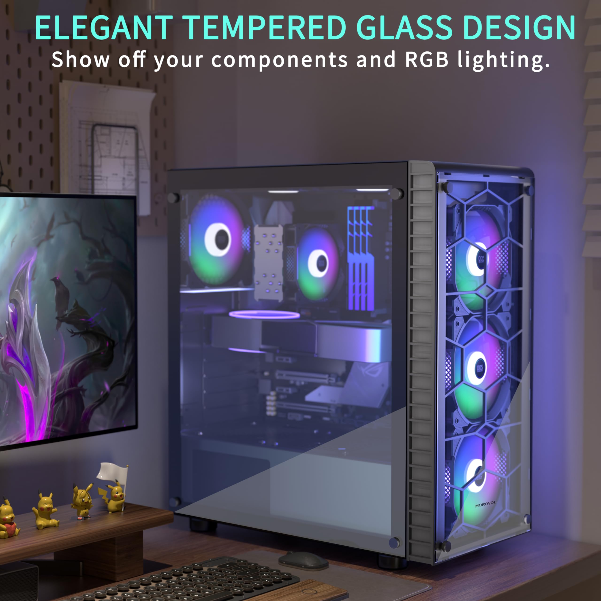 ATX Gaming PC Case with 4 Pre-Installed RGB Fans (Fixed Color), USB 3.0 Ports & Tempered Glass Mid Tower Design in Black - R7 Model - Perfect for Gaming Rigs, Streaming Setups & High-Performance Computers
